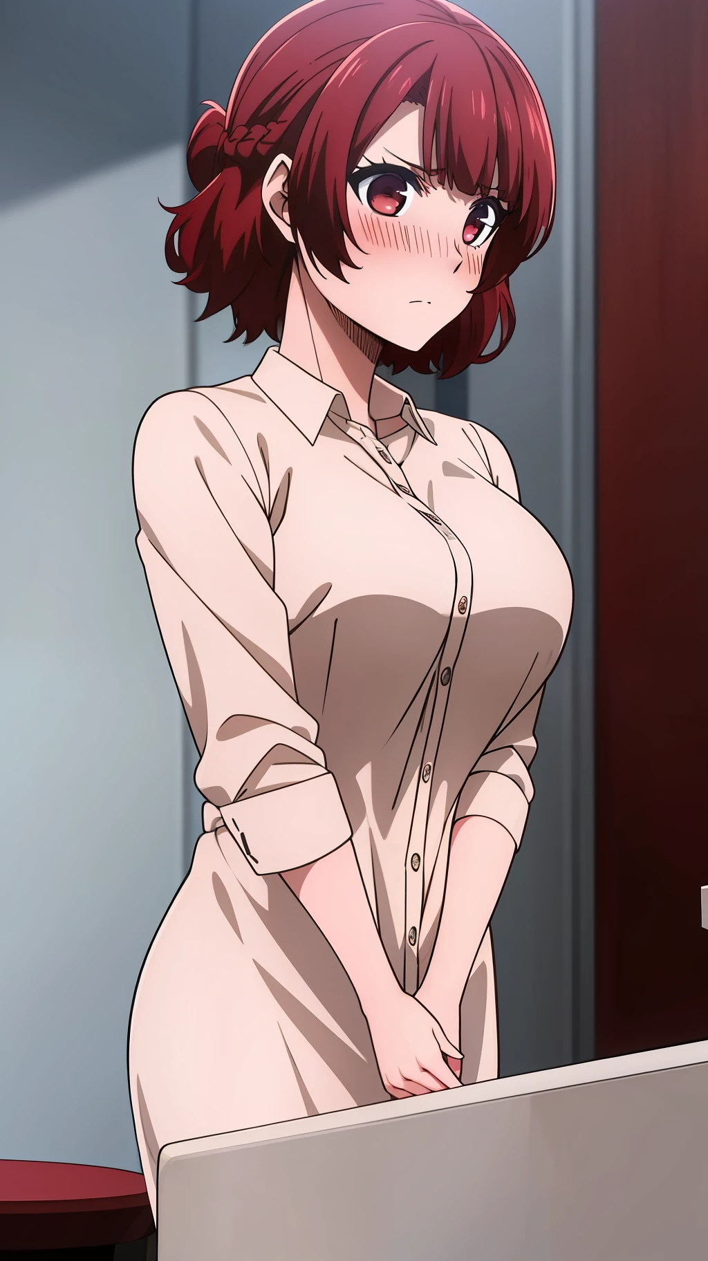 ((masterpiece)), ((best quality)), anriteieri, 1girl, breasts, short_hair, red_hair, red_eyes, solo_focus, indoors, medium_breasts, blush, embarrassed