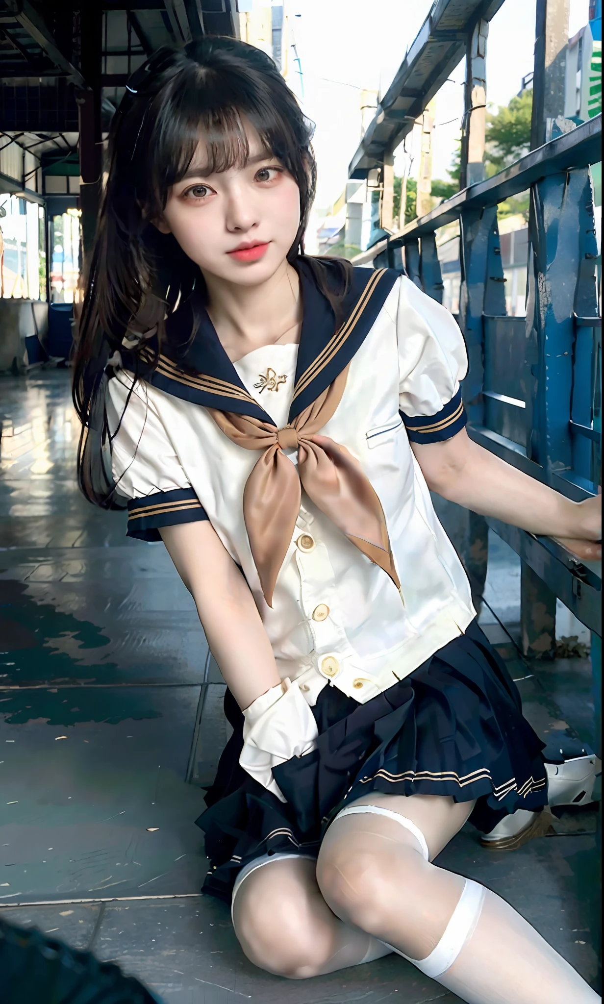 ulzzang-6500-v1.1, (raw photo:1.2), (photorealistic:1.4), beautiful detailed girl, very detailed eyes and face, beautiful detailed eyes, ridiculous, incredibly ridiculous, huge file size, super detailed, high resolution, very detailed, best quality, masterpiece, kemomimi, ((Japanese girls' high school uniform)), illustration, very detailed, CG, unified, 8k wallpaper, amazing, Fine details, masterpiece, best quality, very detailed CG uniform 8k wallpaper, light on face, cinematic lighting, 1girl, 16 years old, ((no panties)), ((dynamic pose))), (camel toe), (half), (pantyhose), (knee-bending leg sitting)),(short-sleeved JK_sailor:1.4),(JK_style:1.4),(JK_suit:1.4)