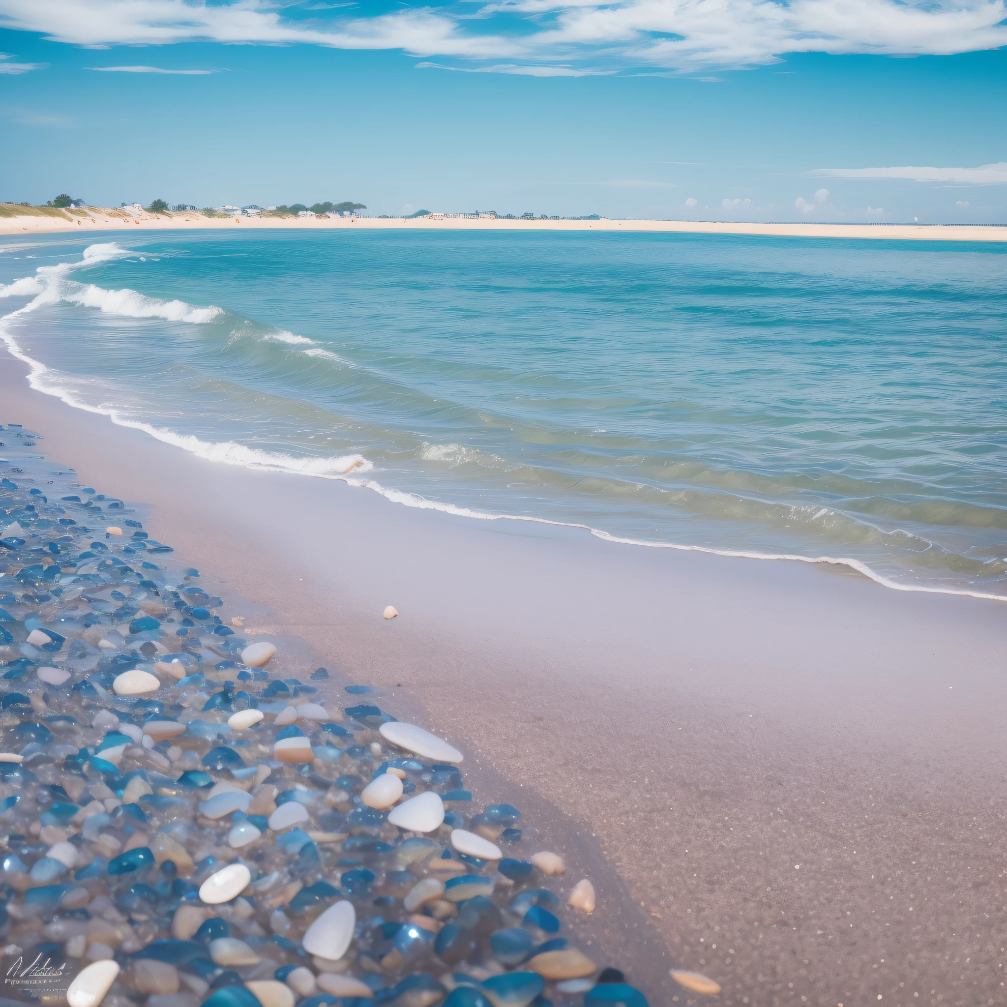 This is a beautiful beach. There are many smooth, round and transparent pebbles scattered on the beach under the blue sky and white clouds. The transparent pebbles of agate texture gradually become white and beautiful. Luminous transparent purple light green cobblestone luminous transparent bbpe lamp white colorful crystal sparkling wide-angle mirror smooth surface delicate luminous opal high-definition 8kv ultra-wide-angle ultra-details --ar 2:3 --v 4 --auto --s2
