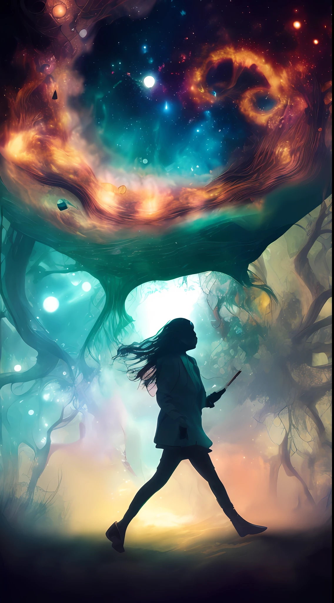 Incredible and spectacular scene, a "((high quality)), (detailed)), ((fantasy)), illustration, perspective (45 degree tilt angle), theme (enchanted forest style), scene elements (handsome boy, beautiful girl), picture quality (3D rendering effect), exquisite details, beautiful lights "emerge from glowing clouds, fractal nebula lines, cosmic entities, celestial bodies, universes, vibrant and vivid, swirling, rotating, impractical, high contrast, co-metabolic, magical, mysterious, mysterious, surreal, Oversaturated, colorful