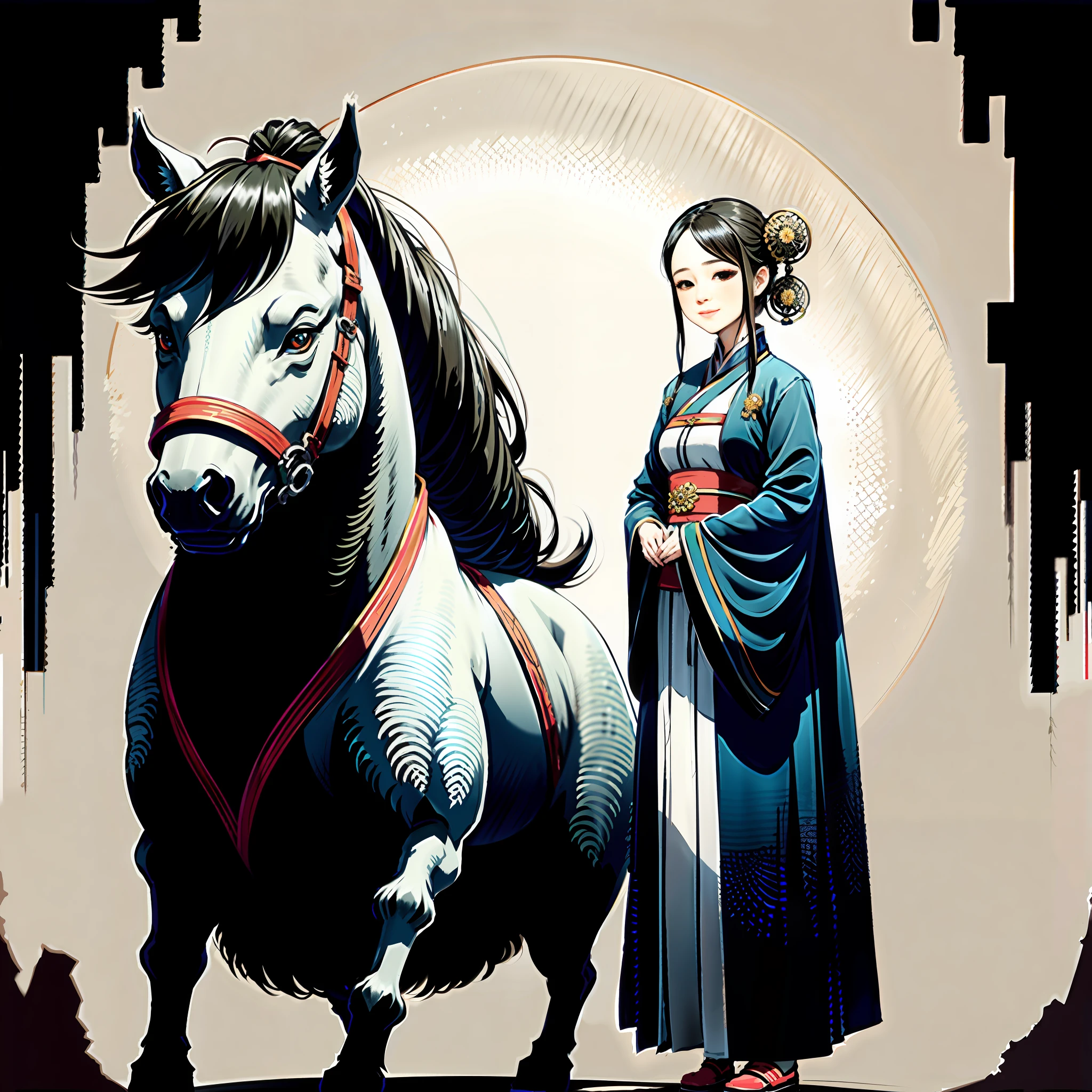 Shook Walking Horse, Negative Space, Behim's ink painting, portrait of a woman standing, Willow Branch, (masterpiece, best quality: 1.2), Chinese painting, model style, peace, (smile), looking at the audience, wearing Changhan costume, Hanfu, song, background, Willow tree, Wu Chang said,