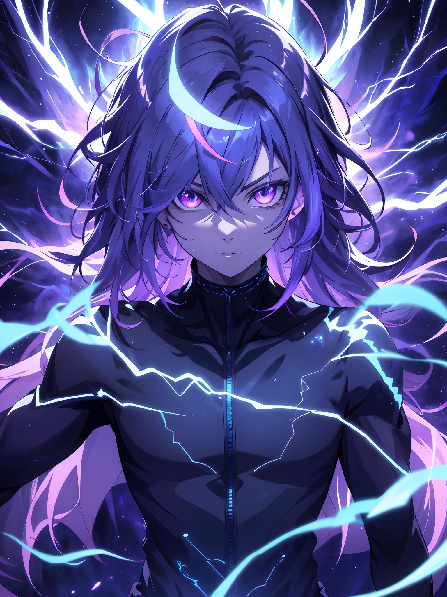 a close-up of a person with a purple and blue background full of lightning, glowing black aura, evil aura, 8k anime, an epic anime of a being with lightning powers, epic anime style, menacing aura, aura of darkness, evolving into his final form, glowing power aura, cosmic power glowing and flourishing, many lightning bolts surrounding the character