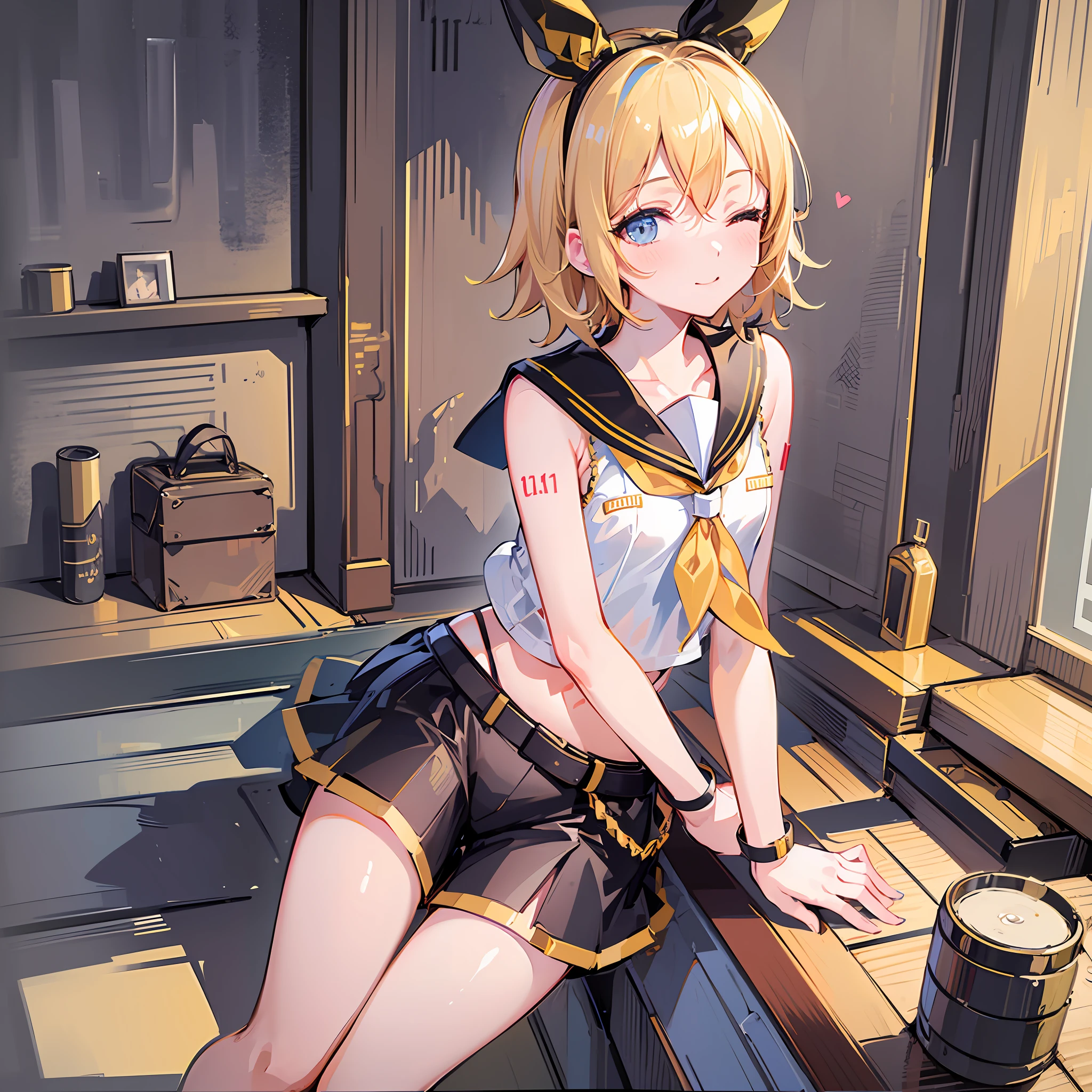 (masterpiece), (best quality), (illustration), (super detailed), (high resolution), absurdity, one girl, (Kagamine_Rin), (vocaloid), shoulders are cut off, short hair, hair clip, blush, (blonde), very cute girl, small, young, delicate, attention to girl, living room, rough outfit, cute, girlfriend, smile, best moment, sailor suit, Black shorts, yellow neckerchief, belt, blue eyes, bright eyes, lively eyes, cute, standing, thighs, heart mark on background, pampering, love love, love viewer, neat, bare legs, oblique top view, eyes closed, kissing face, waiting for a kiss, pretty lips