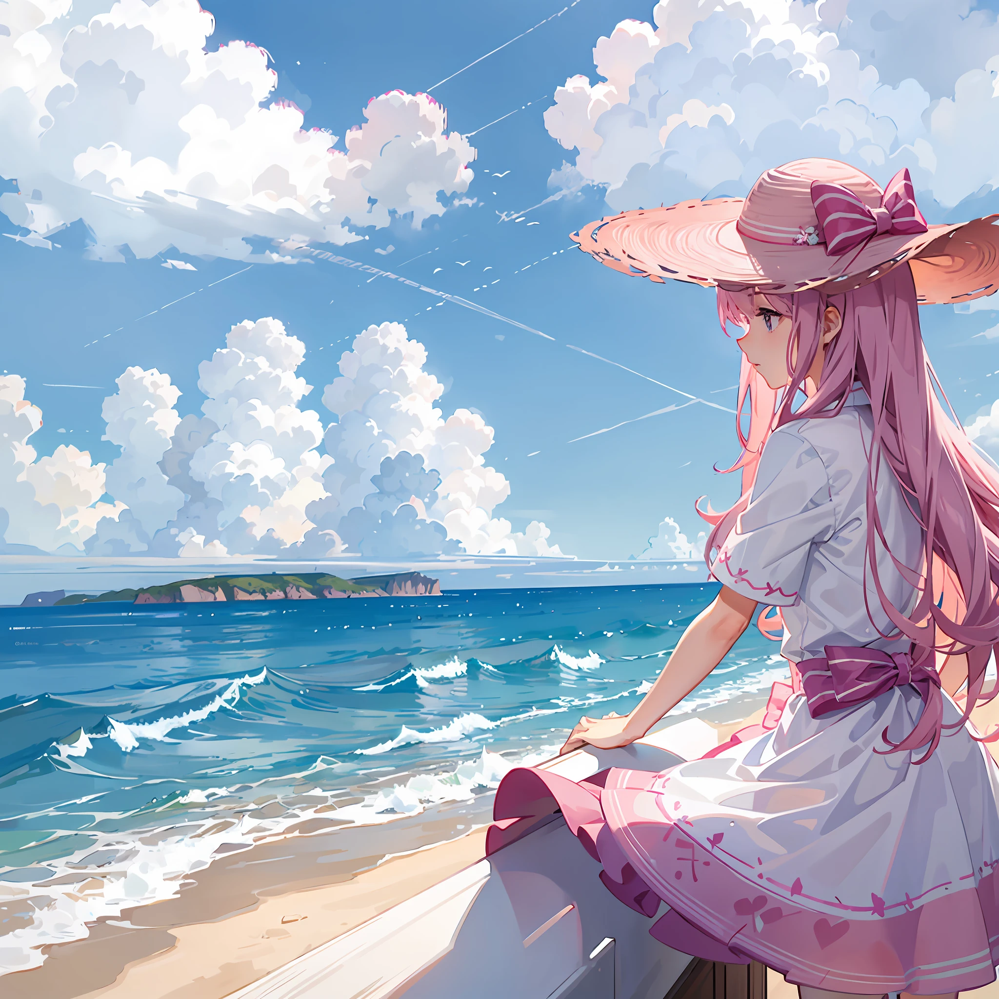 Girl with a beautiful pink hat and pink coast hair with a white stripe looking out to sea holding the hat in 128x128 drawing strokes