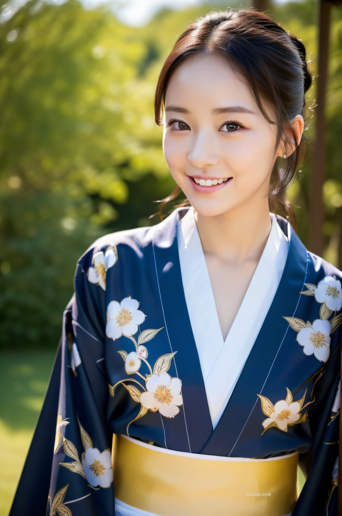((Top Quality, 8K, Masterpiece: 1.3)), Sharp Focus: 1.2, (beautiful Actress ), Realistic Photos (Shiny Skin), Black Hair, Realistic Pupils, Movie Lighting, Highly Detailed Eyes and Face, Smile, in nature, A neat young lady Wear Kimono