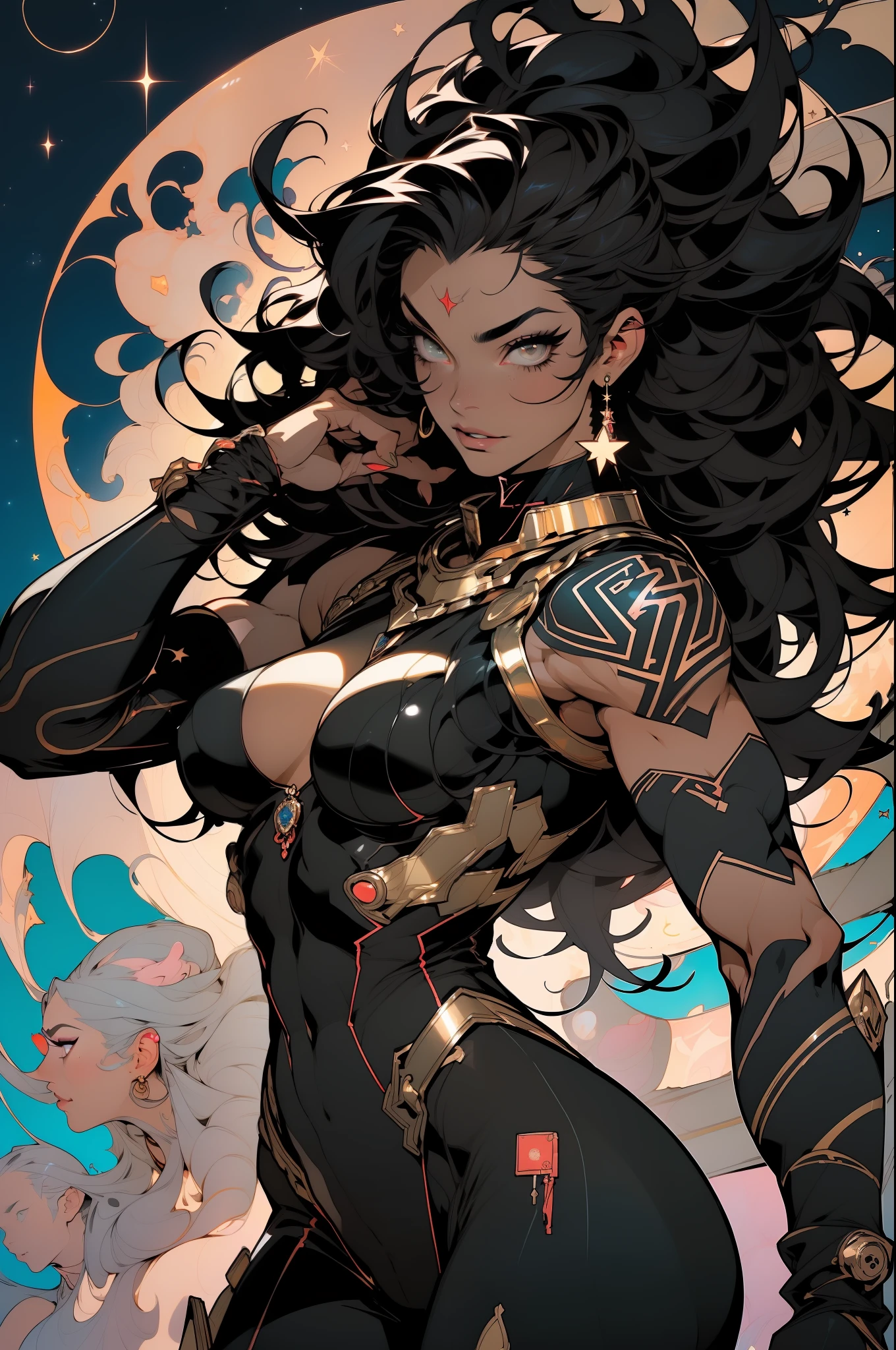 ((Best quality)), ((masterpiece)), (detailed: 1.4), (Absurd), muscular woman of 35 years, black kinetic skin with (((exposed black muscles)))), hot woman, sculptural body with defined muscles, closed mouth, muscular body covered by a micro thong, whole body covered by Genesis evangelion neon style clothing, (((large breasts)), (eyes with heavy and very black makeup), (((unkempt hair)), (stars covering the body), ((drawings of golden stars on the arms)), very long eyelashes, heavy eye makeup, lots of jewelry, by mucha, niji --V5, close to real, psychopath, crazy face, sexy pose, 2 piece clothes, pastel, centered, scale to fit the dimensions