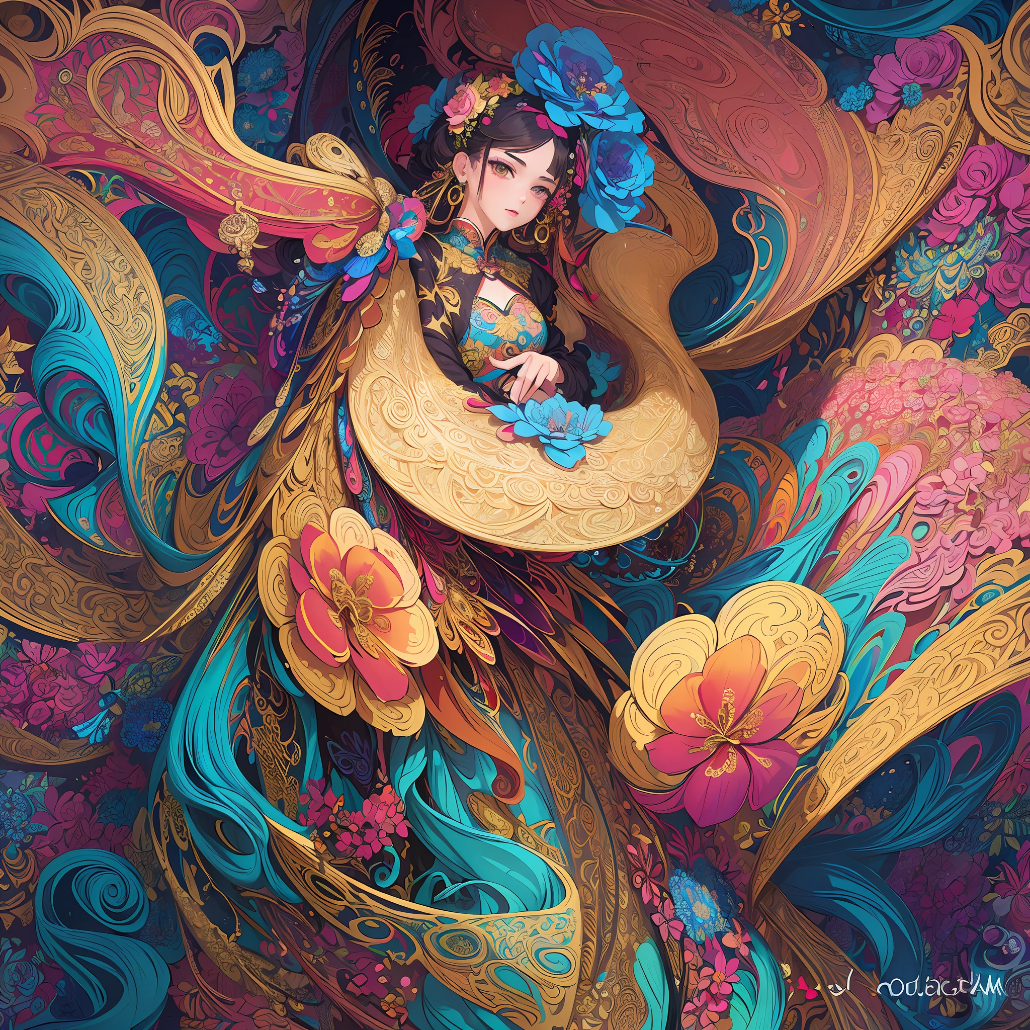 (masterpiece, top quality, best quality, official art, beautiful and aesthetic:1.2), (1girl:1.3), extremely detailed,(fractal art:1.1),(colorful:1.1)(flowers:1.3),highest detailed,(zentangle:1.2), (dynamic pose), (abstract background:1.3), (chinese dress:1.2), (shiny skin), (many colors:1.4), ,(earrings:1.4),