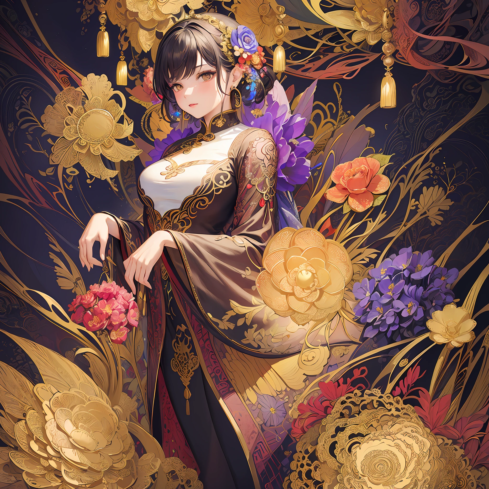 (masterpiece, top quality, best quality, official art, beautiful and aesthetic:1.2), (1girl:1.3), extremely detailed,(fractal art:1.1),(colorful:1.1)(flowers:1.3),highest detailed,(zentangle:1.2), (dynamic pose), (abstract background:1.3), (chinese dress:1.2), (shiny skin), (many colors:1.4), ,(earrings:1.4),