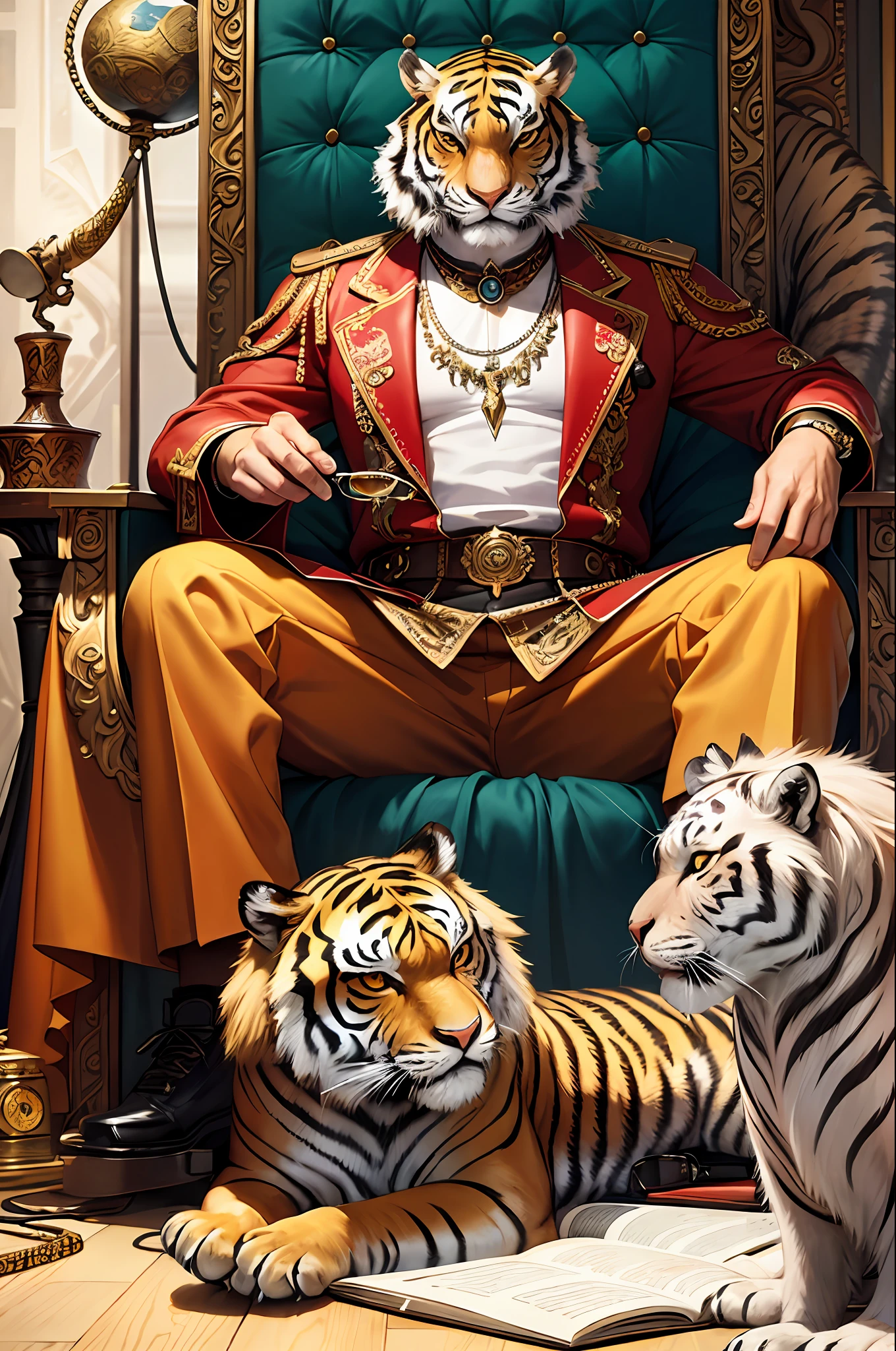 masterpiece, best quality, realistic, fashion tiger, big tiger, glasses on the head, gears, gemstones, goggles, gold, jewelry, magic circle, male_focus, owl, pants, shoes, sunglasses, tassels, throne,