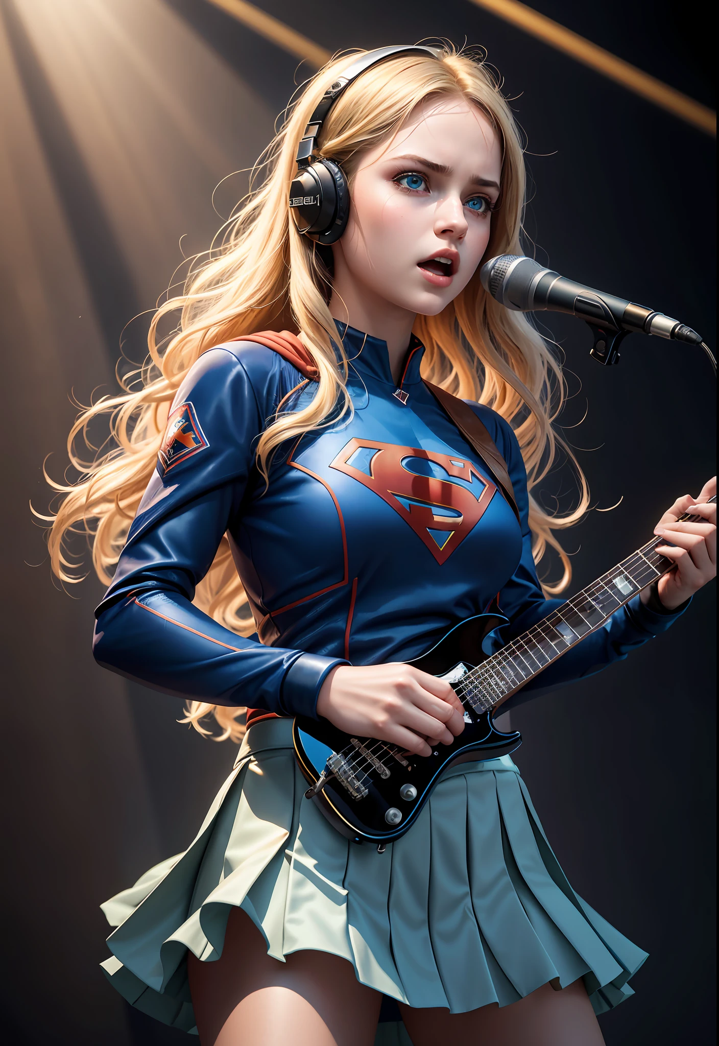 Highres, Shadows, Absurdres, best_quality, ultra_detailed, 8K, extremely_clear, Photography, Beautiful, Sharp Focus, HDR,
A cute pop singer Supergirl with blonde hair and symmetrical blue eyes holds a guitar and sings in headphones, wearing a pleated skirt, with a dynamic angle, captured in a highly detailed cowboy photo, exuding a melancholic emotion, with soft tones and a contrasting mix of light and shadow, all while emphasizing her hair,  the eyes, mouth, and action of the subject in a composition that is both pleasing to the eye and thought-provoking.