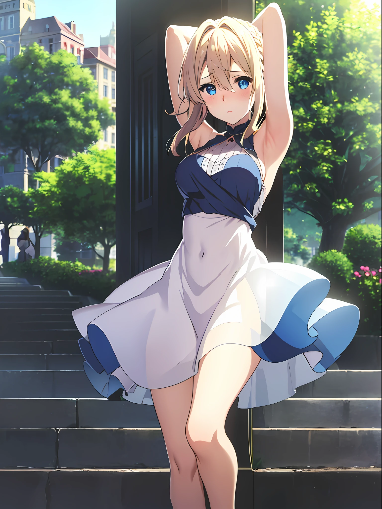 violet evergarden, masterpiece, best quality, 1girl, solo, blonde hair, blue eyes, braid, hair between eyes, looking at viewer, sundress, see-through dress, panties under dress, blush, full-face blush, embarrassed, city, cityscape, sunlight, arms behind head, armpits