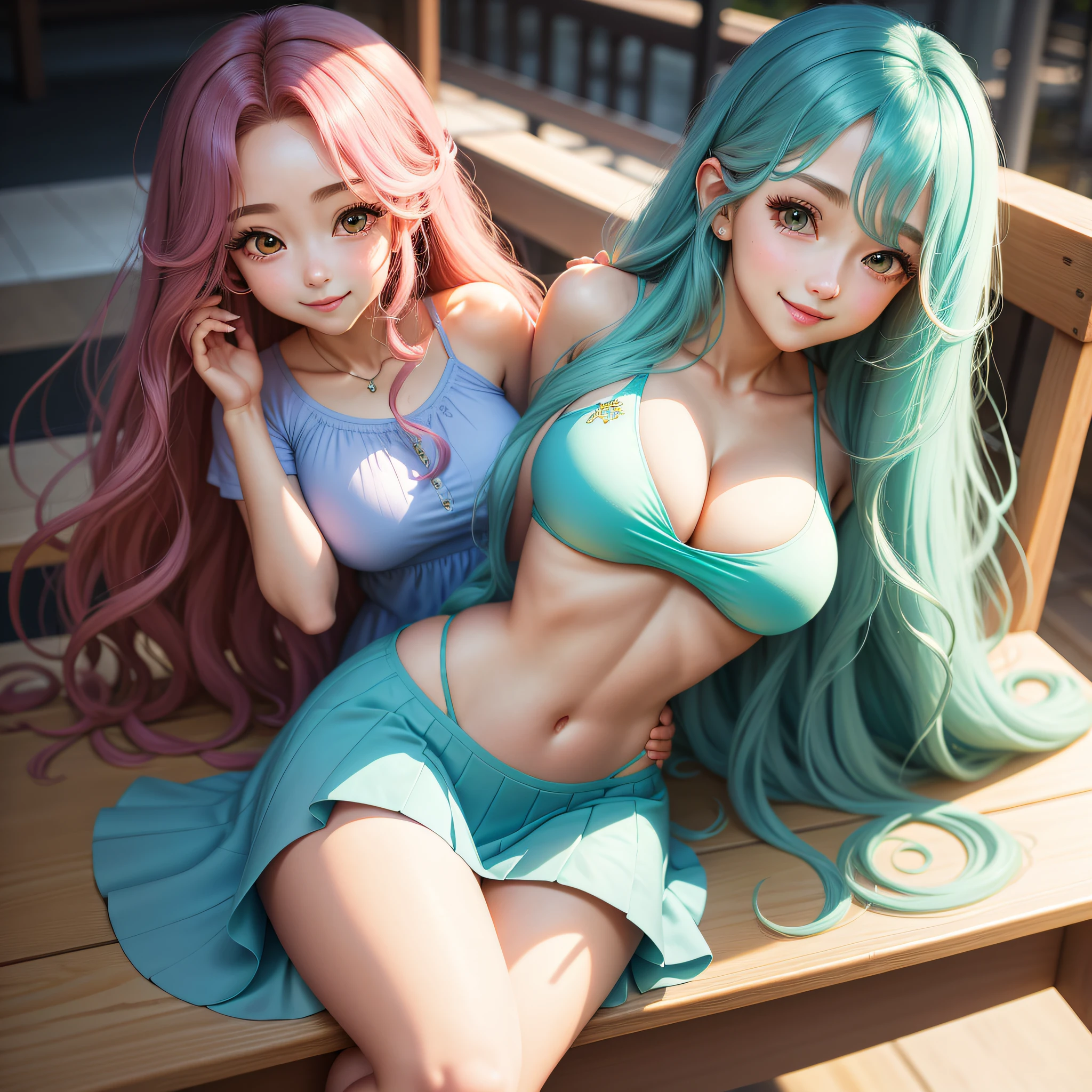 Senior girl, big breasts, long curly hair, gradient hair color, big eyes, long eyelashes, high nose bridge, aqua dress 1.4, slender abs: 1.1, school clothes, café, smile, playful