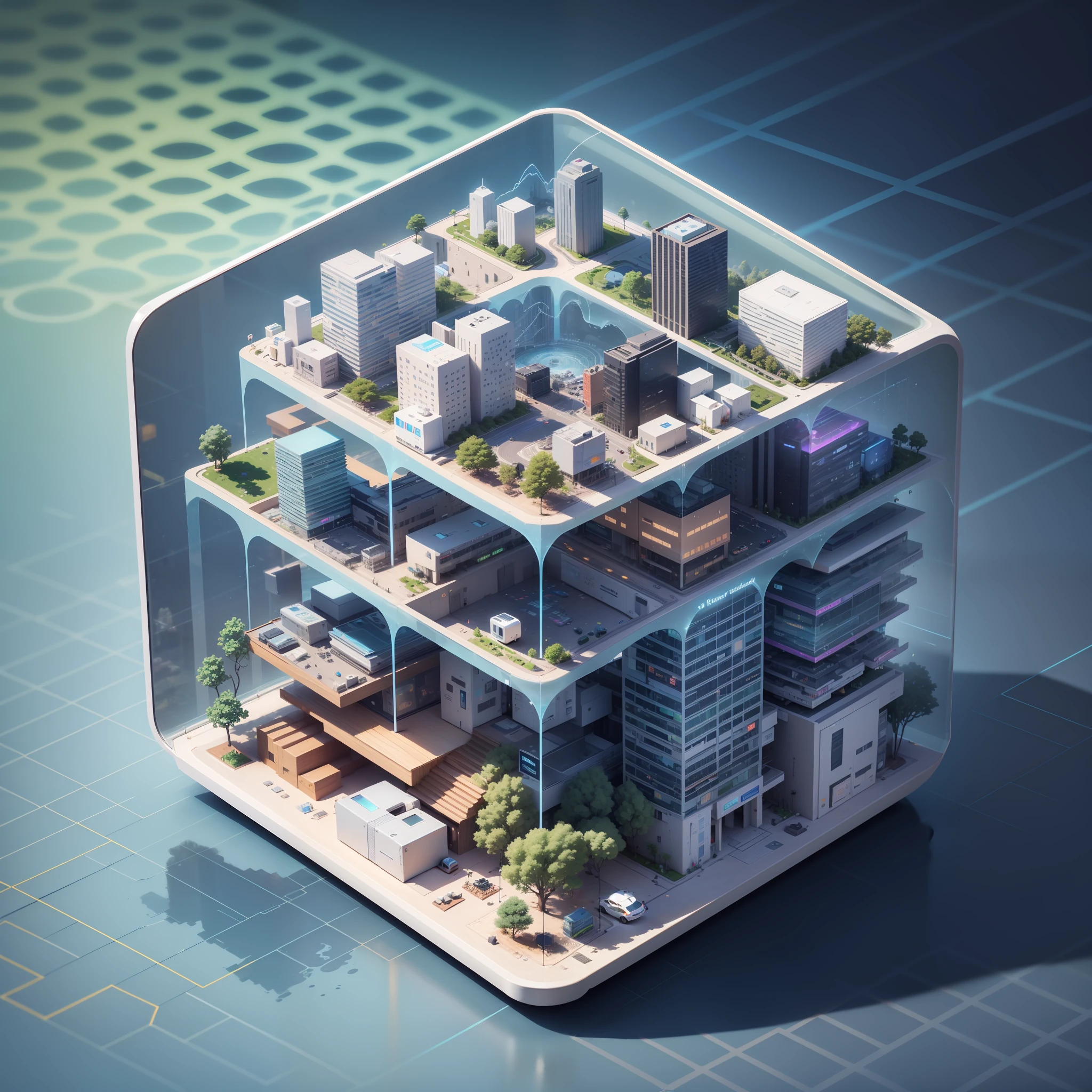Digital ecosystem, digital service platform, data analysis, Internet of Things, cloud computing, artificial intelligence, smart city, blind box toy style, high detail, ray tracing, stereogram, three sided view, Op art, 8k, high details, high quality, 8k, masterpiece, ccurate, best quality --auto --s2