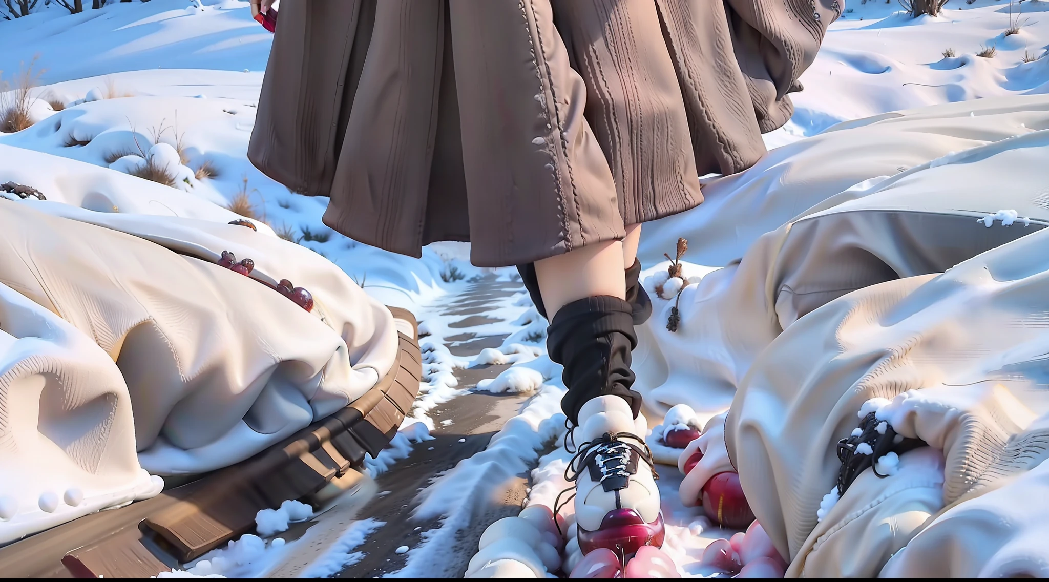 Stepping on the snow and looking for plums