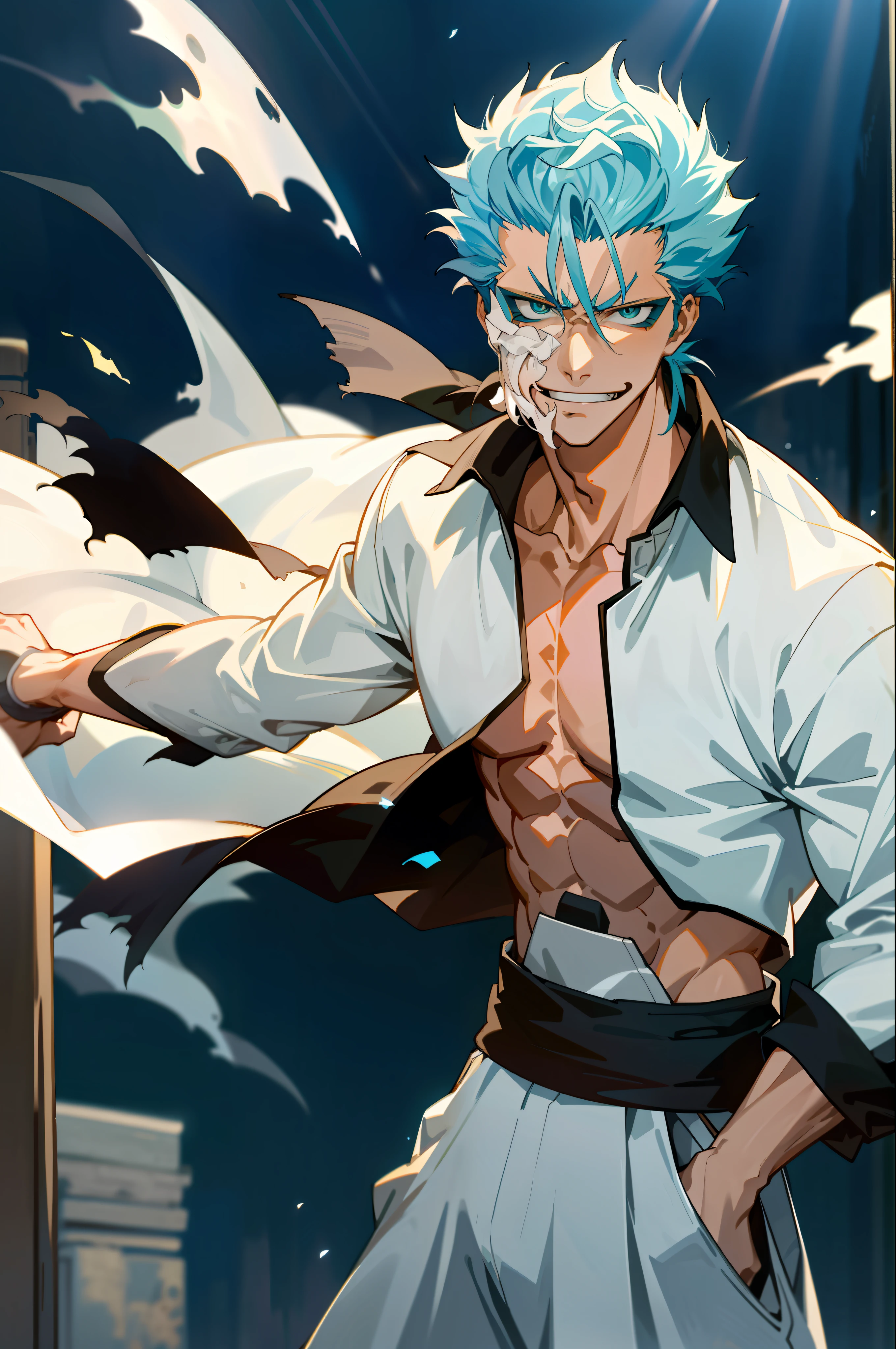 masterpiece, best quality, 1boy, grimmjow jaegerjaquez, at night, night, low light, natural light, fighting pose, white pants,  white jacket, smiling with tongue out, damaged clothes, damaged skin, street, japanese street, low light, light rays, aura power, floating particles, doing a power,  holding a katana, zanpakutou, angry eyes, angry face, smiling, looking ahead, male focus, strong muscles, movie composition, deth of field, bokeh