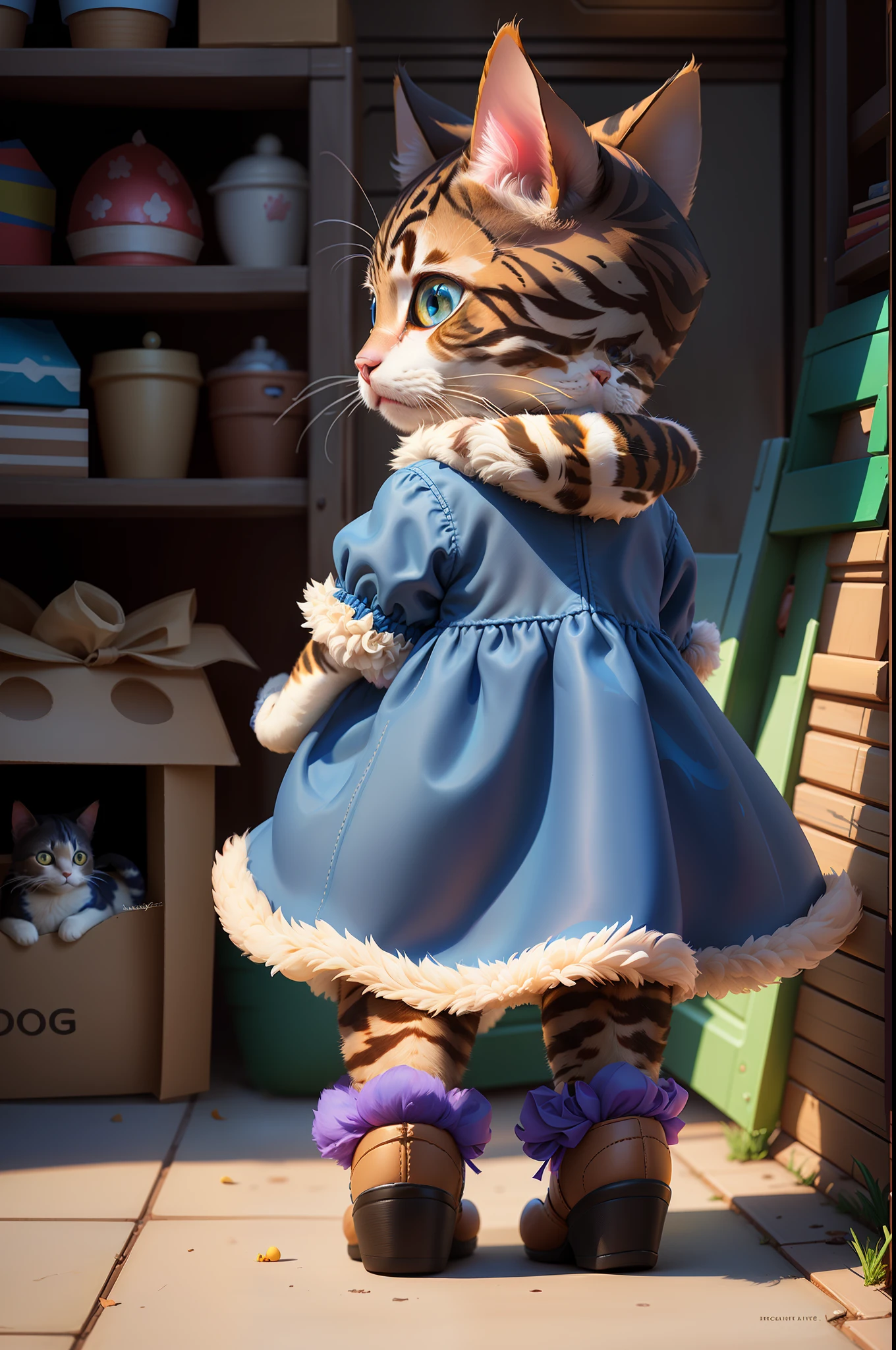 Super detailed, very detailed, masterpiece, highest quality, best quality, subsurface scattering, (1cat:1.5),(solo:1.4),(dog plush:1.1),(45-degree side view:1.2), fluffy, fluffy paws, a pair of pig ears, a pig's tail, big blue bird's eyes, cardboard box full of toys, a teddy bear outside the box, some toys scattered on the ground, game art, Disney, DreamWorks, animated films, realism, real light and shadow, rich colors, bright and light atmosphere,