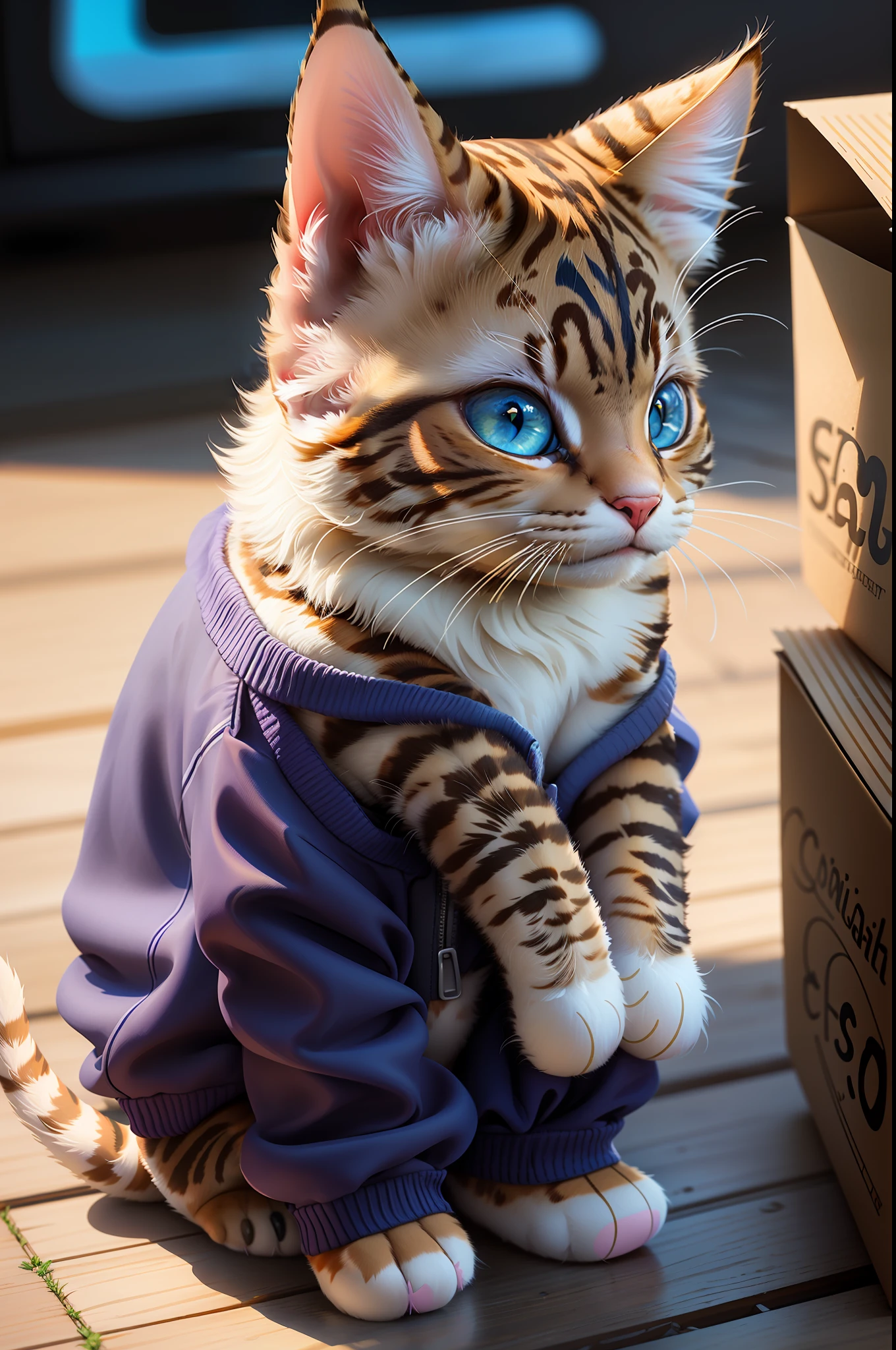 Super detailed, very detailed, masterpiece, highest quality, best quality, subsurface scattering, (1cat:1.5),(solo:1.4),(dog plush:1.1),(45-degree side view:1.2), fluffy, fluffy paws, a pair of pig ears, a pig's tail, big blue bird's eyes, cardboard box full of toys, a teddy bear outside the box, some toys scattered on the ground, game art, Disney, DreamWorks, animated films, realism, real light and shadow, rich colors, bright and light atmosphere,