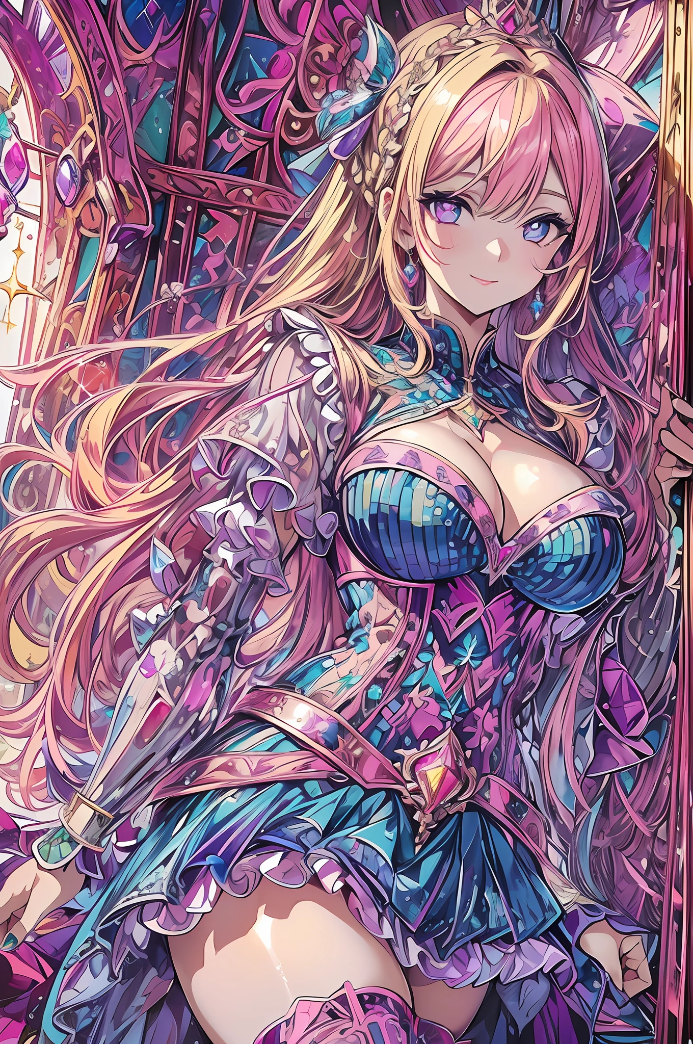 ((masterpiece, highest quality)), (1 girl), ((mature woman)), medium breasts, (big breasts), slim, smile, [ wide hips] ,(((Blonde and Pink Hair), Purple Clear Eyes,Layered Bob)), ((Beautiful, detailed eyes, jewel-like eyes, colorful eyes, sparkling eyes:1.3))