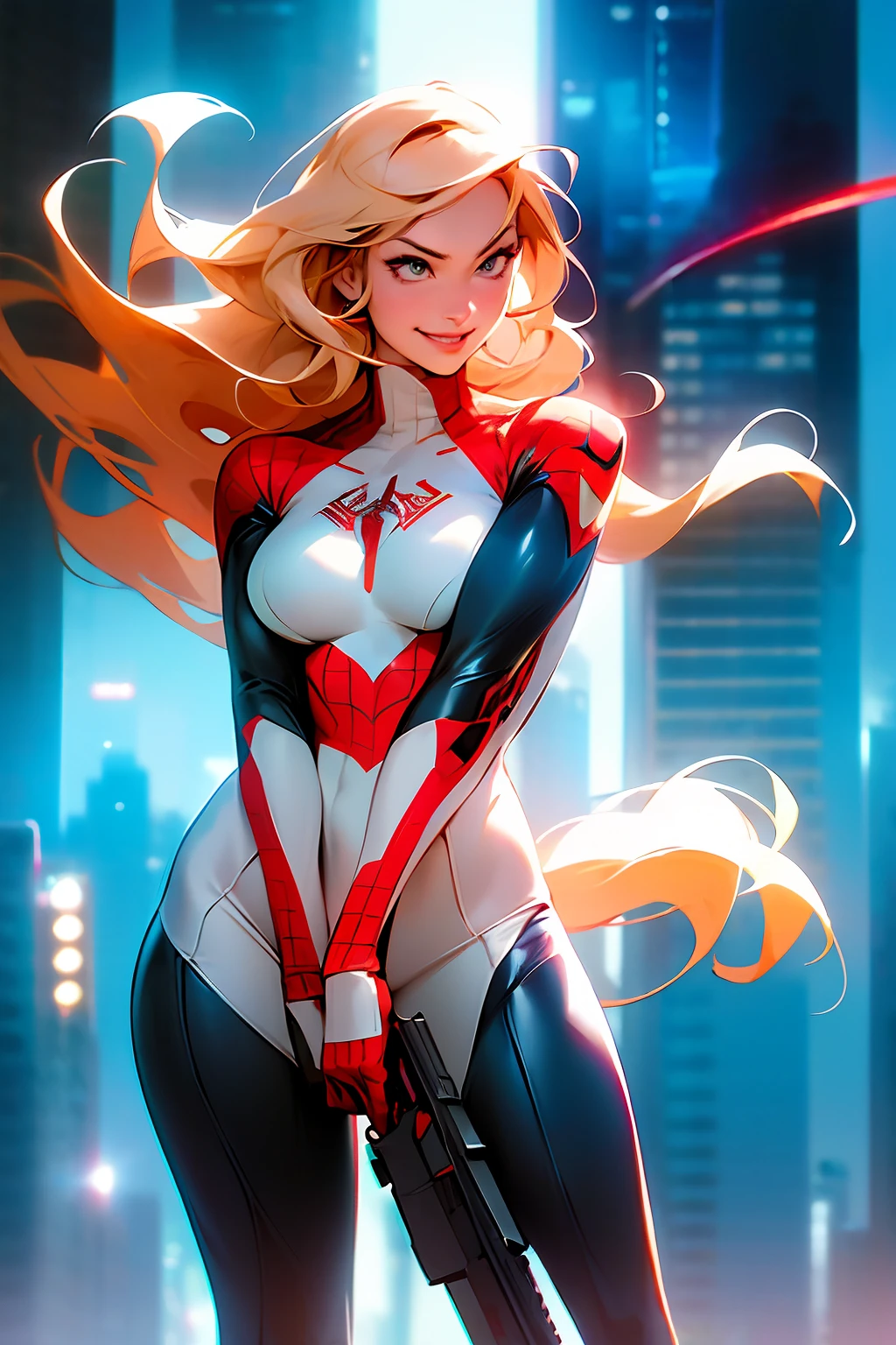 anime style, (Max quality: Sharpness:resolution:detailed) full body photo of a woman:Spiderman: Ultraman,solo,big breasts, long blonde hair:smooth: motion in the wind:in front of eye, holding modern weapon, staring at the viewer, smiling, she is in a futuristic city being attacked by aliens.