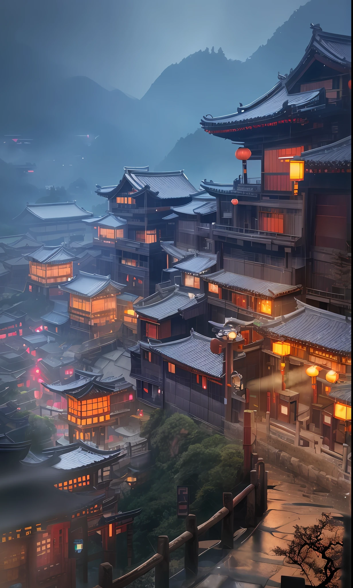 arafed view of a village with a lot of lights on the buildings, dreamy chinese town, chinese village, amazing wallpaper, japanese town, japanese village, hyper realistic photo of a town, old asian village, japanese city, by Raymond Han, rainy evening, cyberpunk chinese ancient castle, beautifully lit buildings, at evening during rain, beautiful and aesthetic, photography, cinematic, 8k, high detailed ((Heavy rain)))