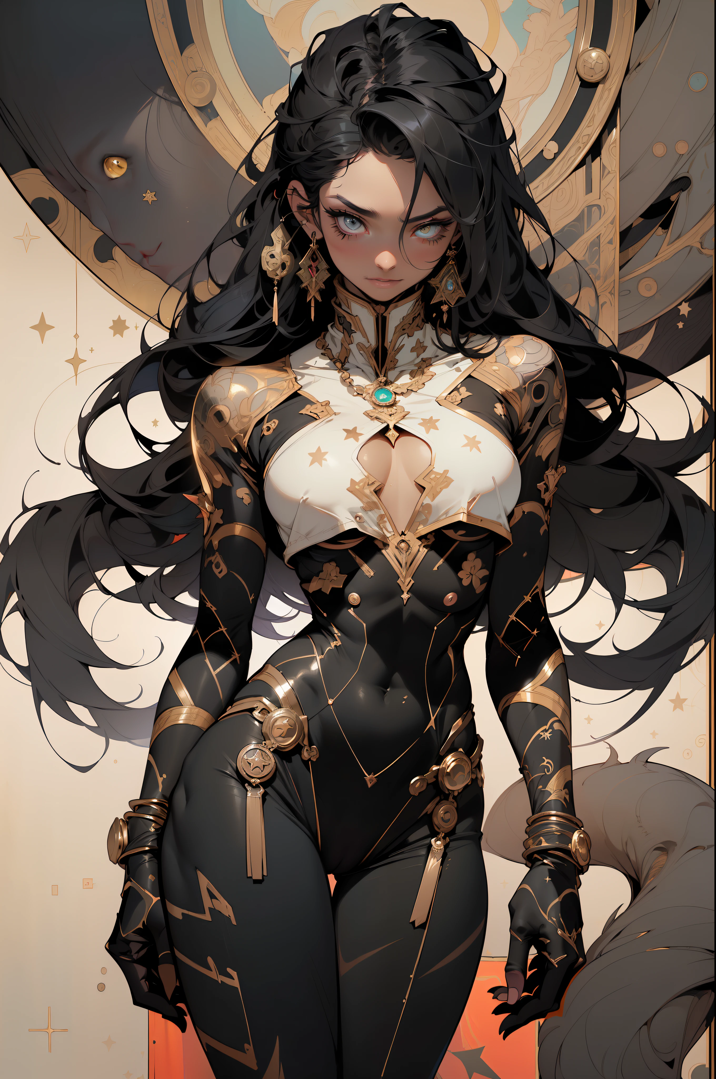 ((Best quality)), ((masterpiece)), (detailed: 1.4), (Absurd), 99whole body00, muscular woman of 35 years, black kinetic skin with (((exposed black muscles)))), hot woman, sculptural body with defined muscles, closed mouth, muscular body covered by a micro thong, whole body covered by Genesis evangelion neon style clothing, (((large breasts)), (eyes with heavy and very black makeup), ((((unkempt hair)), (stars covering the body), ((drawings of golden stars on the arms)), very long eyelashes, heavy eye makeup, lots of jewelry, by mucha, niji --V5, close to real, psychopath, crazy face, sexy pose, 2 piece clothing, pastel, centered, scale to fit the dimensions