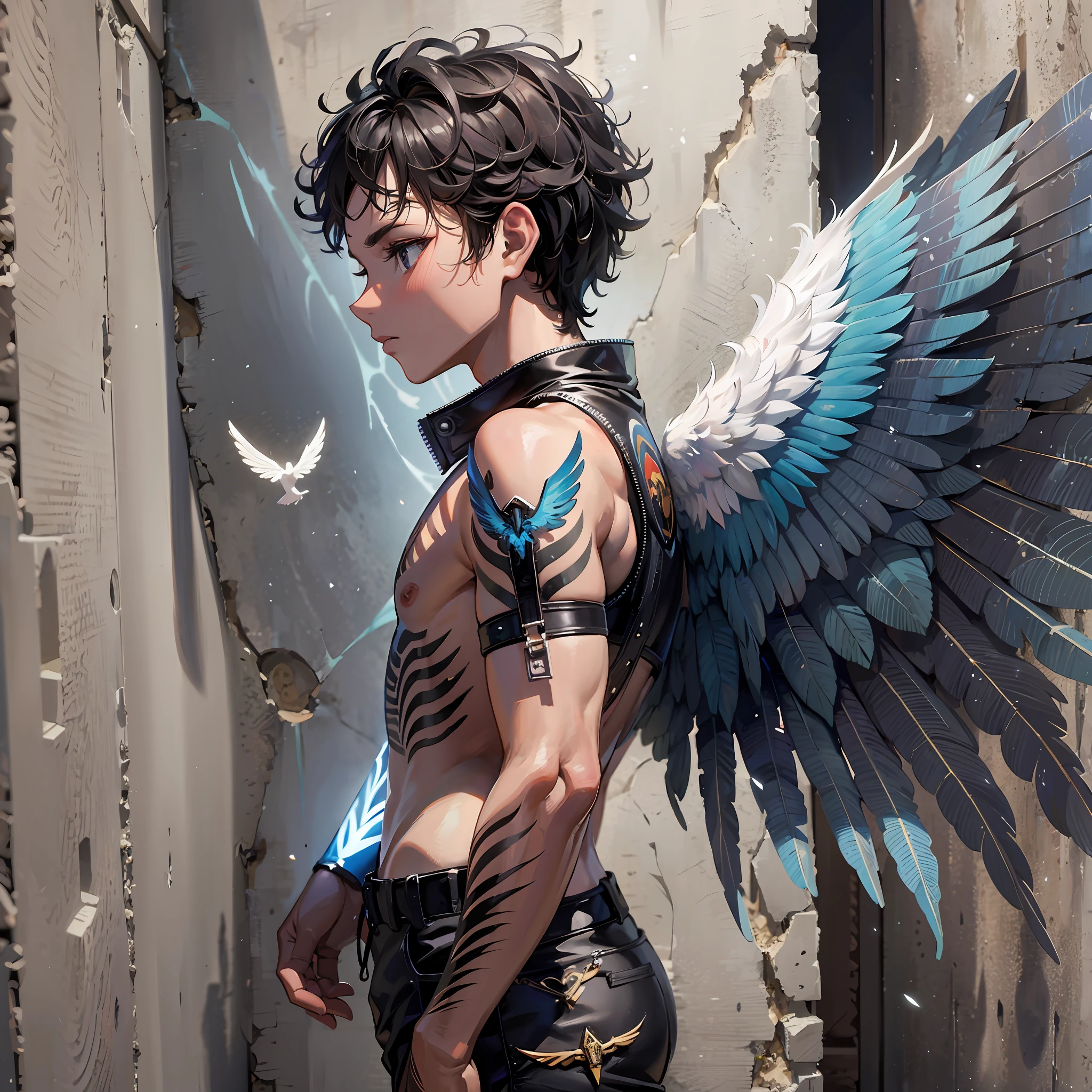 arafed man standing in front of a wall with wings painted on it, winged boy, by Jessie Alexandra Dick, young wan angel, black teenage boy, an angel, profile pic, taken in 2 0 2 0, with real wings, huge wings, by Benjamin Marra, wearing angel, big wings, stunning visual, huge wings growing out of arms --auto --s2