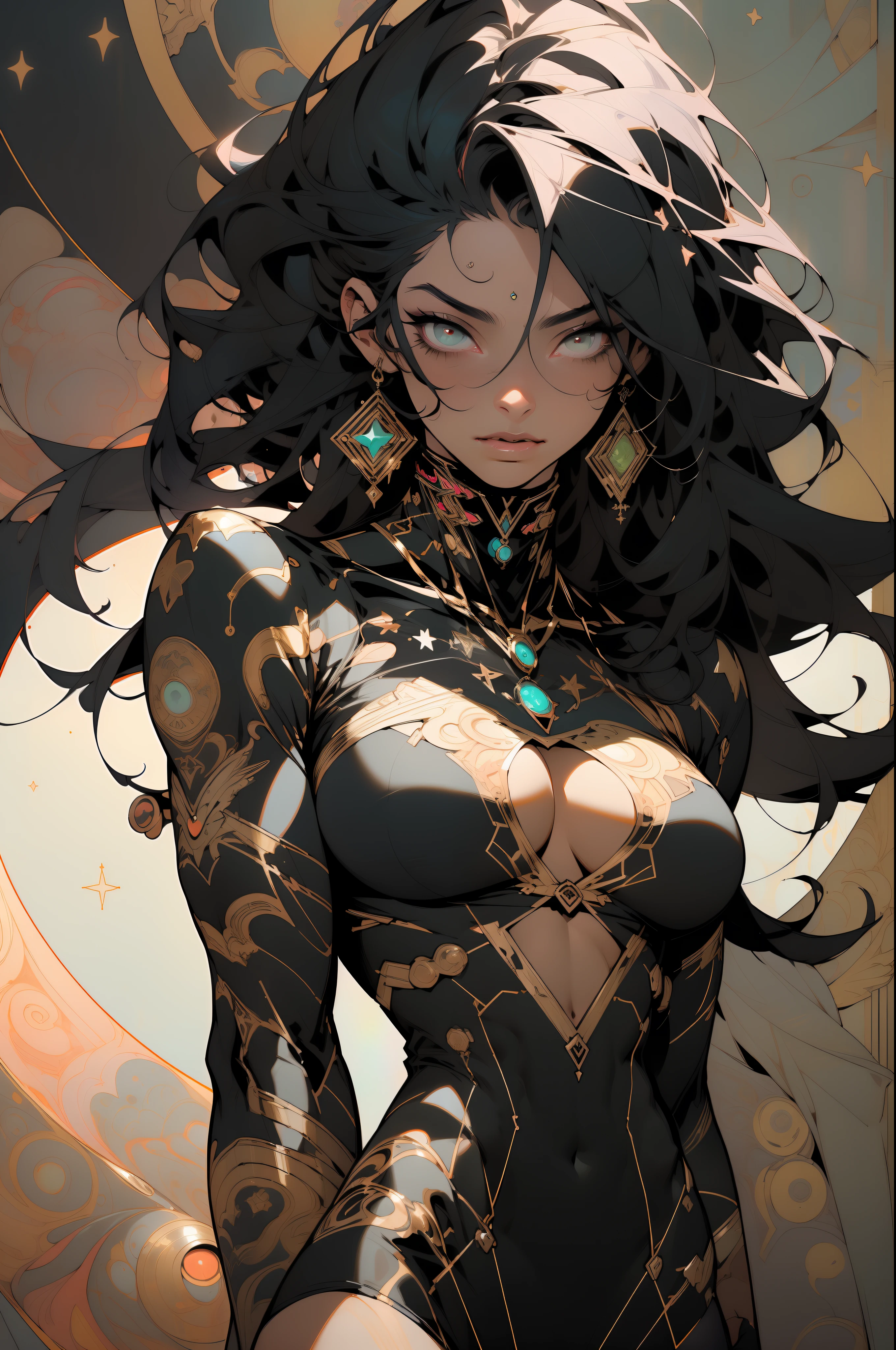 ((Best quality)), ((masterpiece)), (detailed: 1.4), (Absurd), 99whole body00, muscular woman of 35 years, black kinetic skin with (((exposed black muscles)))), hot woman, sculptural body with defined muscles, closed mouth, muscular body covered by a micro thong, whole body covered by Genesis evangelion neon style clothing, (((large breasts)), (eyes with heavy and very black makeup), ((((unkempt hair)),  (stars covering the body), ((drawings of golden stars on the arms)), very long eyelashes, heavy eye makeup, lots of jewelry, by mucha, niji --V5, close to real, psychopath, crazy face, sexy pose, 2 piece clothing, pastel, centered, scale to fit the dimensions