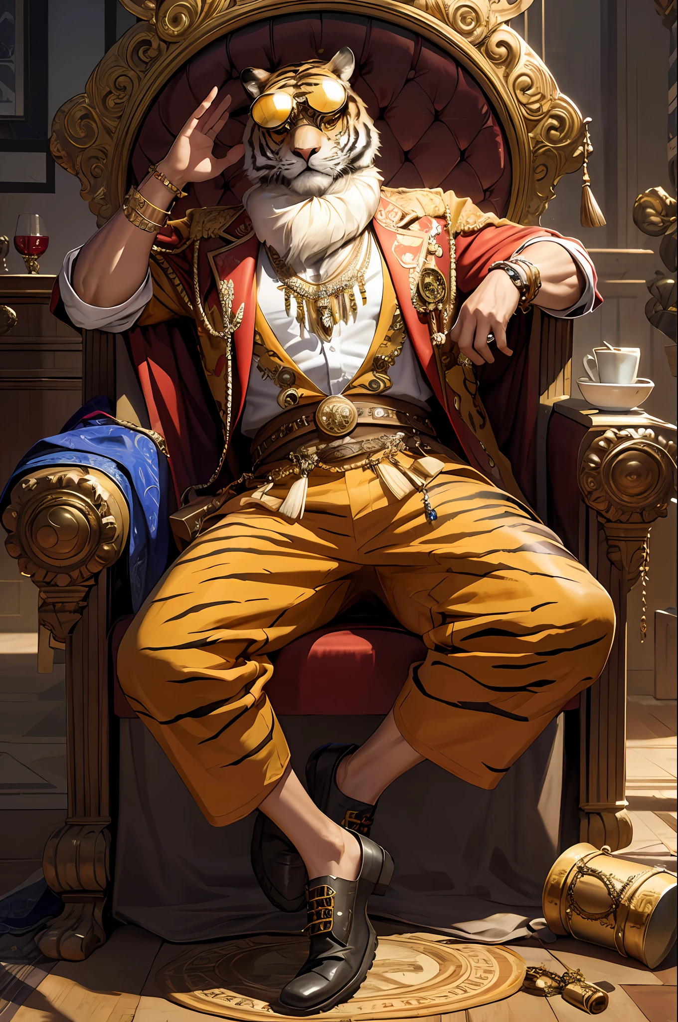 masterpiece, best quality, realistic, fashion tiger, big tiger, glasses on the head, gears, gemstones, goggles, gold, jewelry, magic circle, male_focus, owl, pants, shoes, sunglasses, tassels, throne,