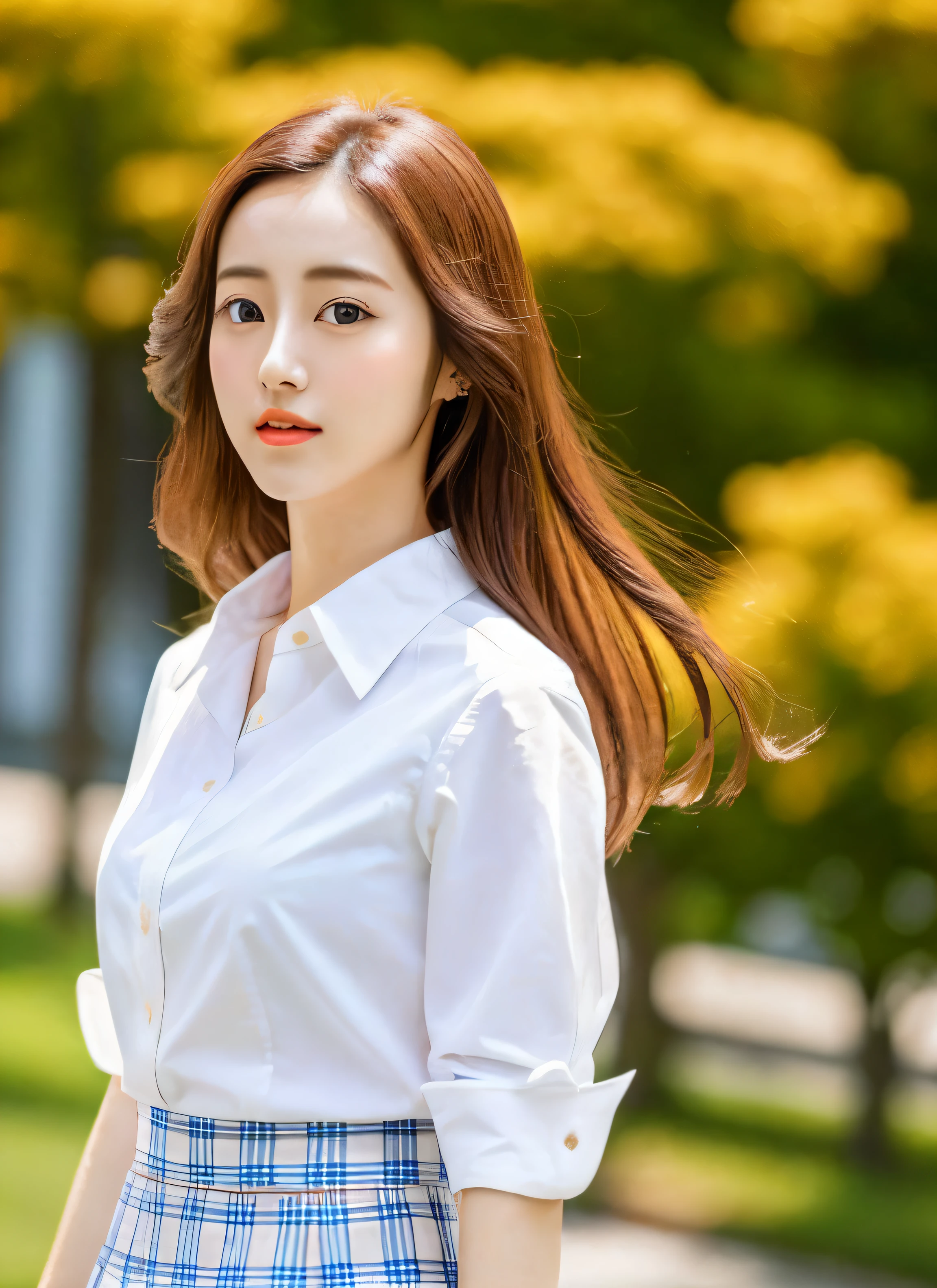 a close up of a woman in a skirt and shirt, japanese model, korean women's fashion model, wearing white shirt, wearing a blouse, mid shot portrait, clothed in white shirt, 奈良美智, cute young woman, dilraba dilmurat, beautiful asian girl, gorgeous young korean woman, closeup portrait shot