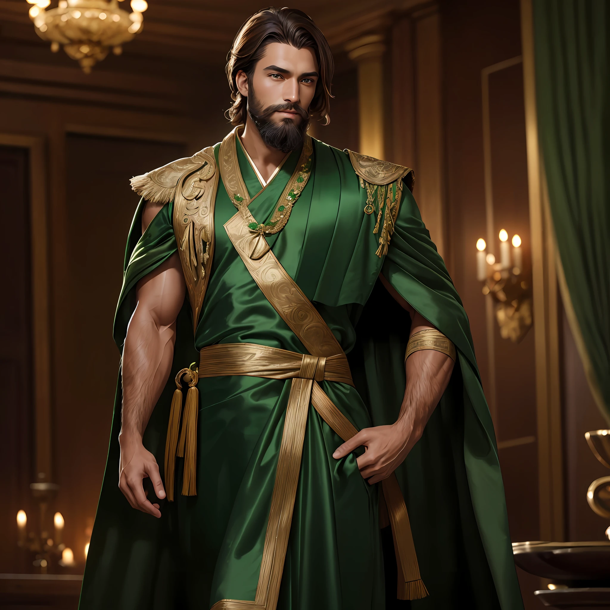 Portrait of 1man, fit, Caucasian, tanned skin, shoulder-length brown hair, brown trimmed beard, brown eyes, wearing green silk oriental-style robe), (in green palace room), bokeh, raytracing, realistic textured skin, particle effects, depth of field