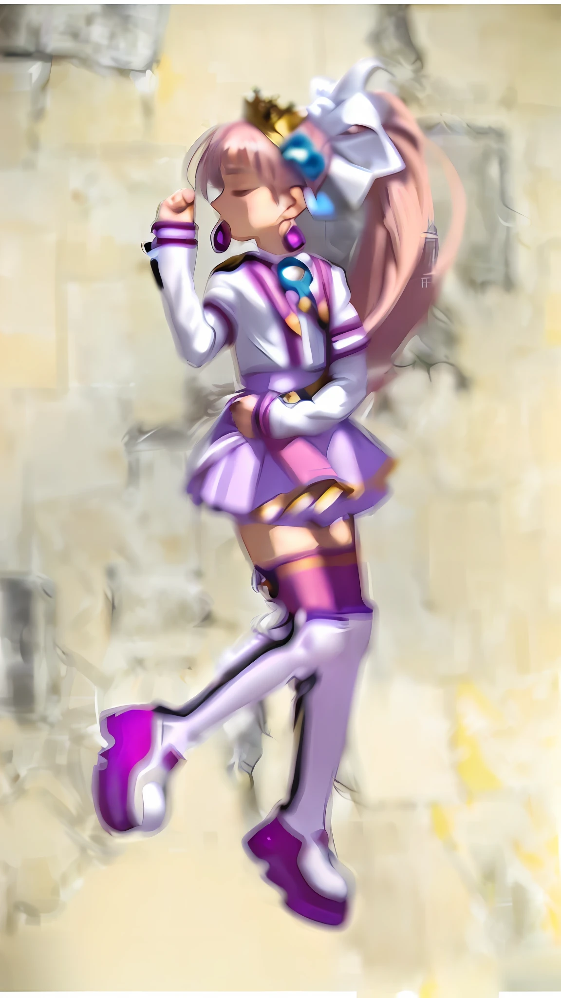 (Masterpiece: 1.5), (Best quality: 1.5), 8k,1 girl, closed eyes, pink hair, single ponytail, white top, pink pleated skirt, pink over-the-knee socks, white long boots, sapphire earrings, simple background