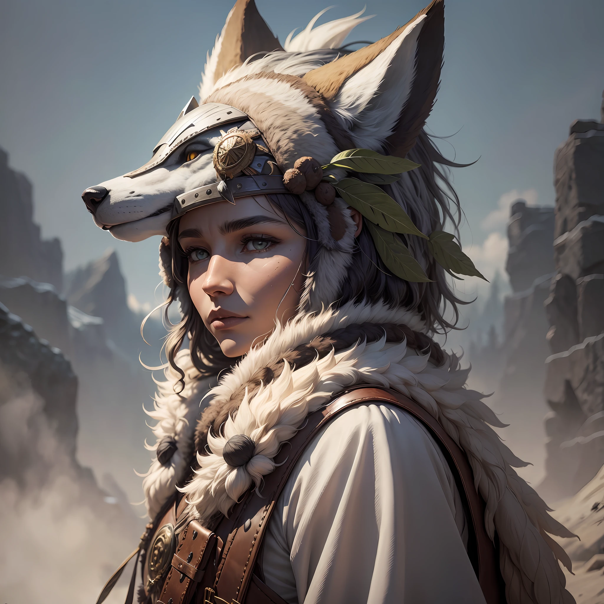 An indigenous druid with a wolfskin helmet holding a staff with talismans on it in the middle of the forest, ultra realistic, 4k graphic, best quality --auto --s2