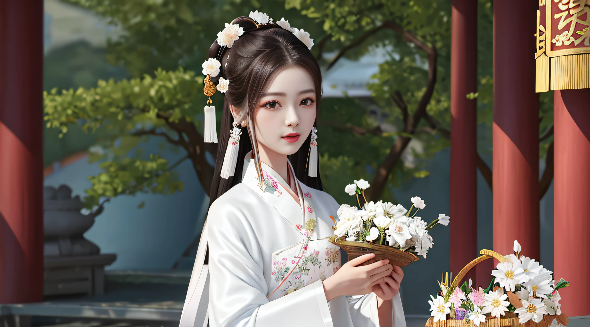 arafed woman in a white dress holding a basket of flowers, white hanfu, palace , a girl in hanfu, wearing ancient chinese clothes, hanfu, traditional chinese clothing, traditional beauty, chinese style, with acient chinese clothes, traditional chinese, chinese girl, chinese costume, inspired by Ma Yuanyu, inspired by Gu An, ancient chinese beauties
