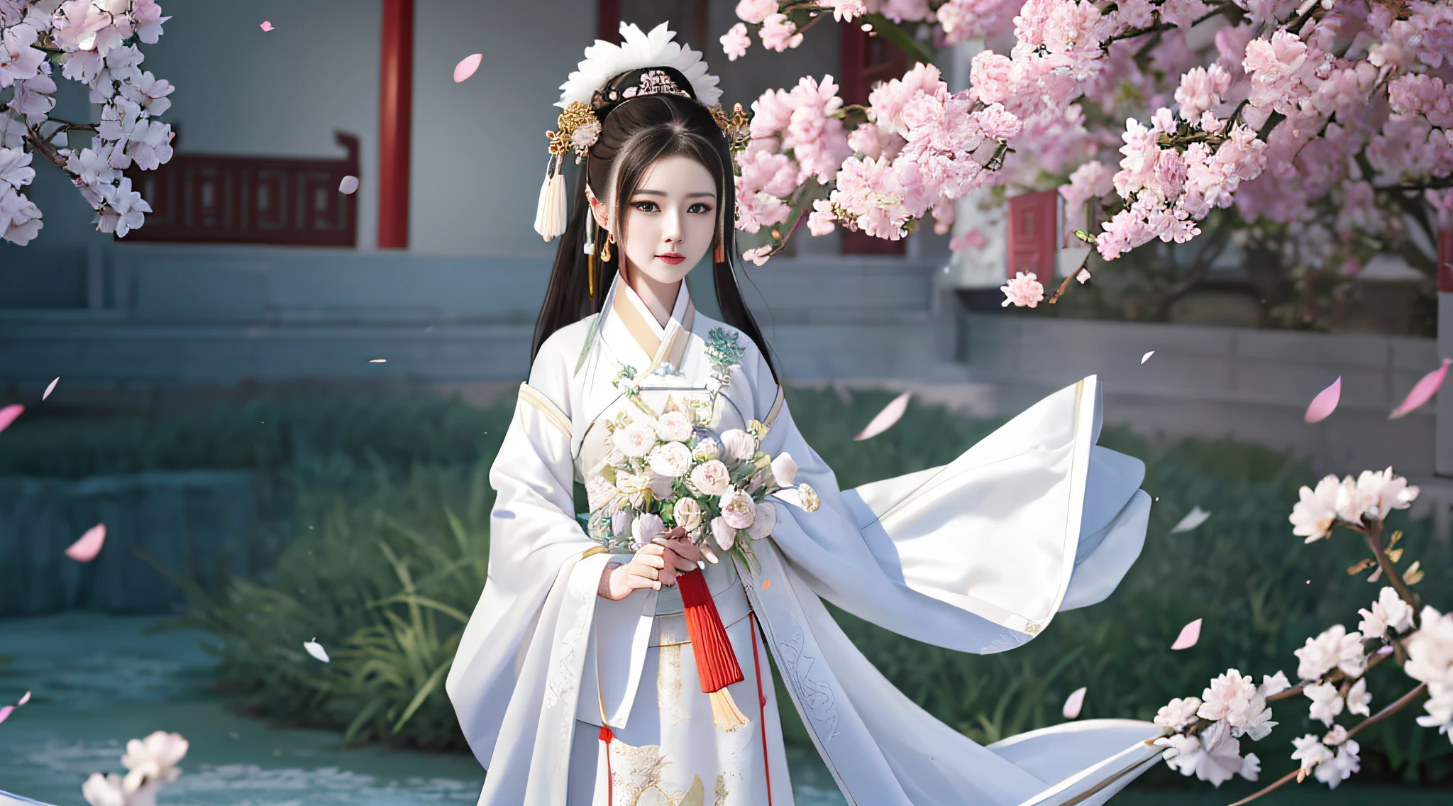 arafed woman in a white dress holding a basket of flowers, white hanfu, palace ， a girl in hanfu, wearing ancient chinese clothes, hanfu, traditional chinese clothing, traditional beauty, chinese style, with acient chinese clothes, traditional chinese, chinese girl, chinese costume, inspired by Ma Yuanyu, inspired by Gu An, ancient chinese beauties