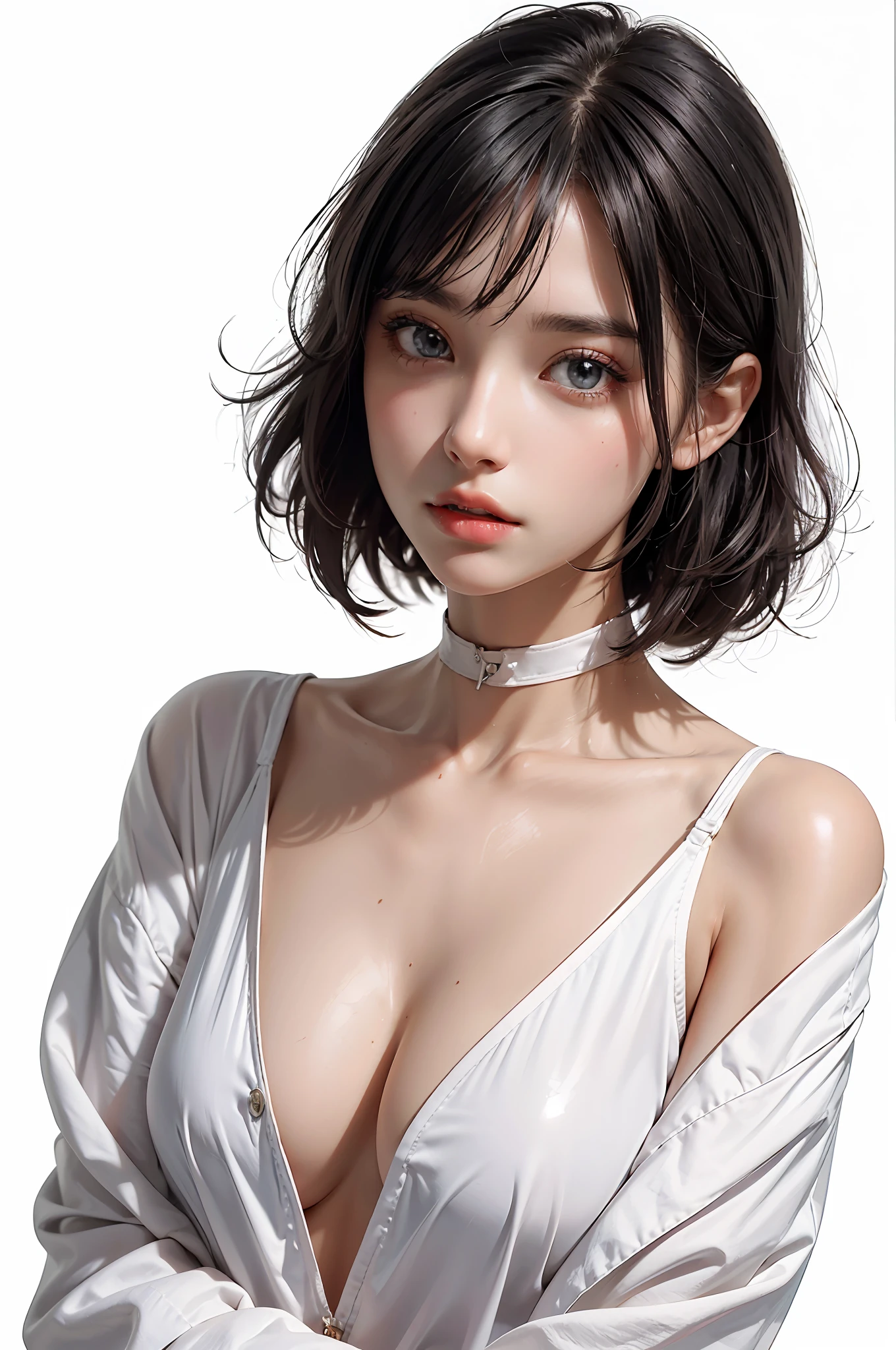 Top Quality, White Skin, Real Human Skin, (Detailed), Oval Face, Pore, Ultra High Resolution, (8k, RAW Photography, Photorealistic: 1.4), One Woman, Slim, (Gentle and Goddess-like Eyes) Happiness: 1.2), (Lip Gloss, Eyelashes, Distinct Double, Clear Eyes, Gloss Face, Best Quality, Ultra High Definition, Wide Lighting, Natural Shading) , Random Outfit, Oversized Jacket, Fashion Shirt, White Background, Light Background, , Gloss on , Gloss on Face, Gloss on Skin, Glossy Skin, Refreshing Wind, Straight Hair, Short Bob Hair, Bangs, Long Neck, Choker
