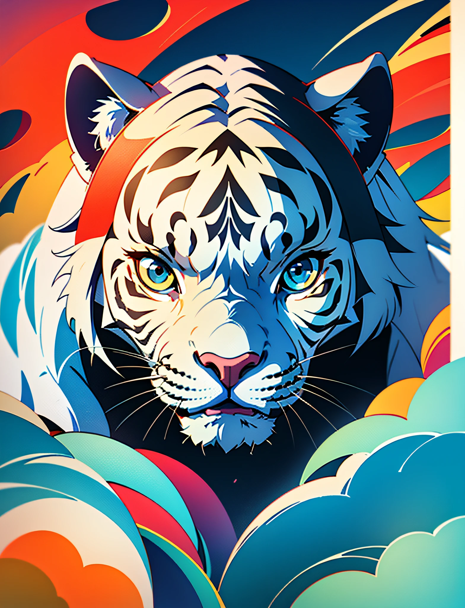 Zodiac Little White Tiger Warrior, Chinese Landscape Abstract Painting, Zen, Amy Saul Style, Light Abstract Cover Art, Simple Vector Art, Contemporary Chinese Art, Color Gradient, Soft Palette Multi-layered Forms, Whimsical Animation, Ethereaabstract Style