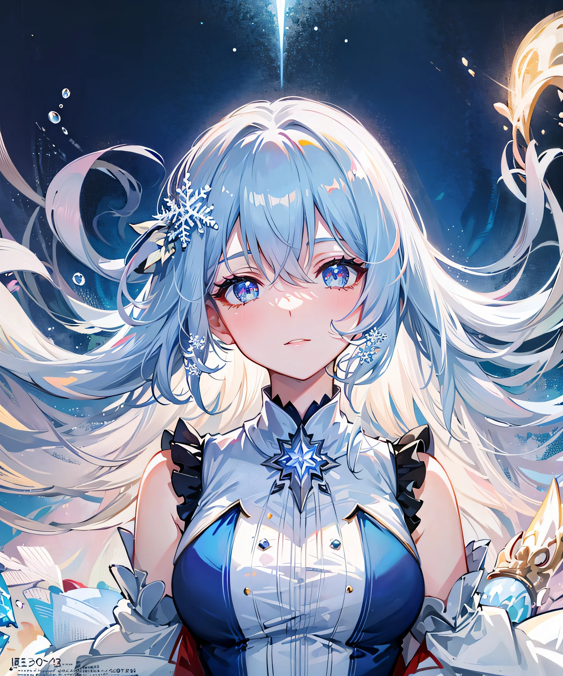 ((best quality)), ((masterpiece)), ((ultra-detailed)), (illustration), (detailed light), (an extremely delicate and beautiful), a girl, cute face, upper body, two legs, long dress, (beautiful detailed eyes), stars in the eyes, messy floating hair, colored inner hair, Starry sky adorns hair, (lots_of_big_colorful_Bubble), [pearl], [Galaxy], depth of field,[ice crystal], (snowflake)