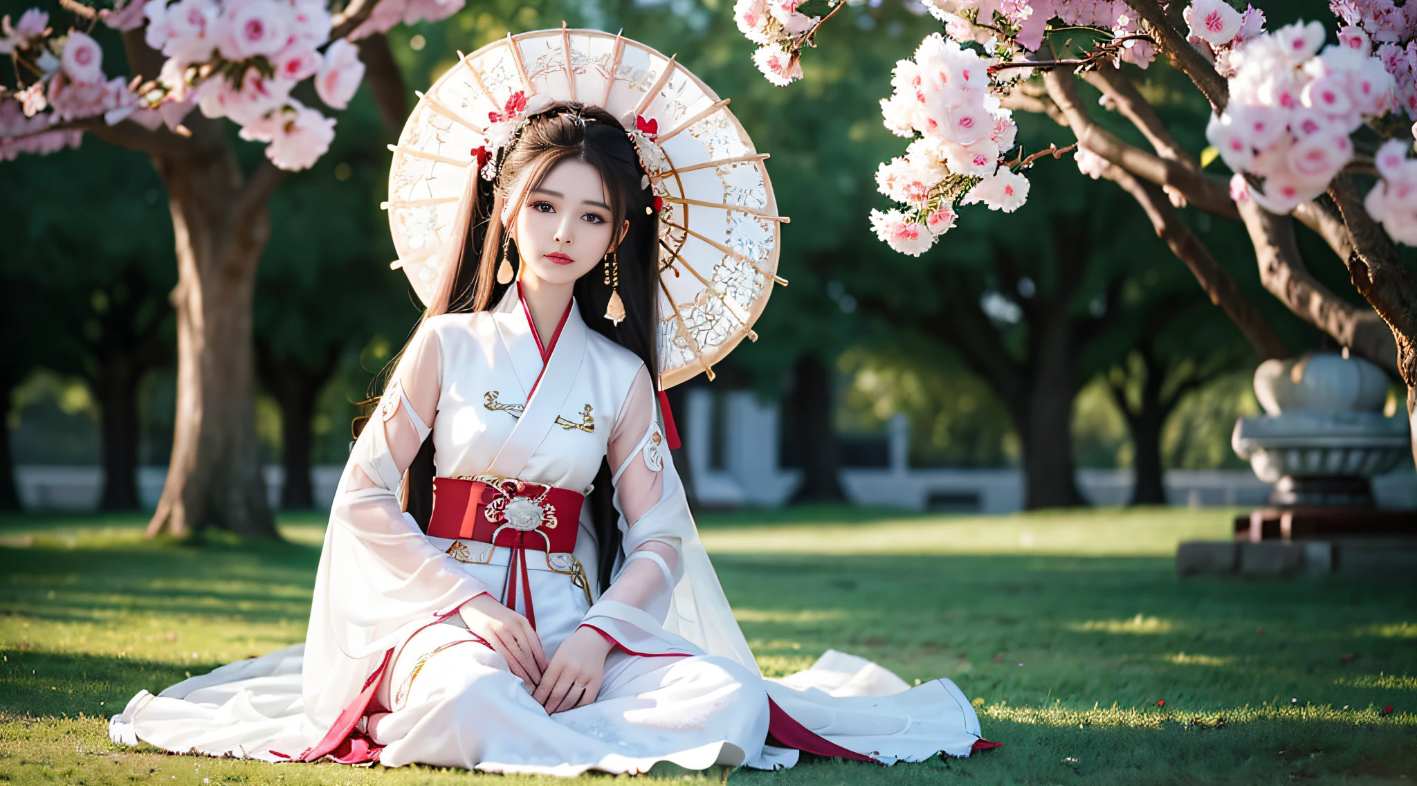 arafed image of a woman in a white dress sitting under a tree, palace , a girl in hanfu, white hanfu, hanfu, by Zhang Han, wearing ancient chinese clothes, traditional chinese clothing, ethereal beauty, by Ye Xin, inspired by Ma Yuanyu, by Xia Yong, with acient chinese clothes, by Yu Zhiding