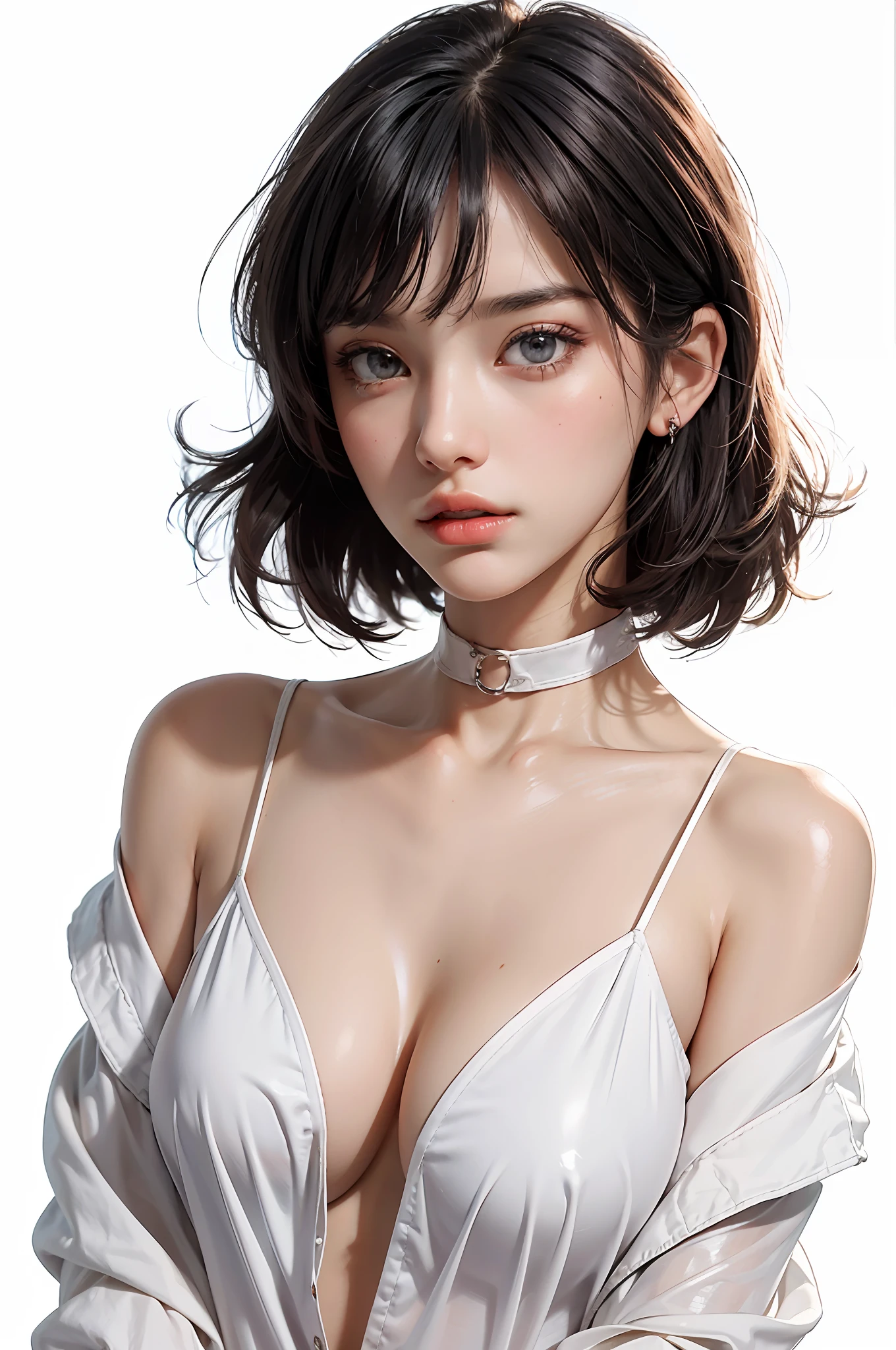 Top Quality, White Skin, Real Human Skin, (Detailed), Oval Face, Pore, Ultra High Resolution, (8k, RAW Photography, Photorealistic: 1.4), One Woman, Slim, (Gentle and Goddess-like Eyes) Happiness: 1.2), (Lip Gloss, Eyelashes, Distinct Double, Clear Eyes, Gloss Face, Best Quality, Ultra High Definition, Wide Lighting, Natural Shading) , Random Outfit, Oversized Jacket, Fashion Shirt, White Background, Light Background, Big Breasts, Gloss on Chest, Gloss on Face, Gloss on Skin, Glossy Skin, Refreshing Wind, Straight Hair, Short Bob Hair, Bangs, Long Neck, Choker
