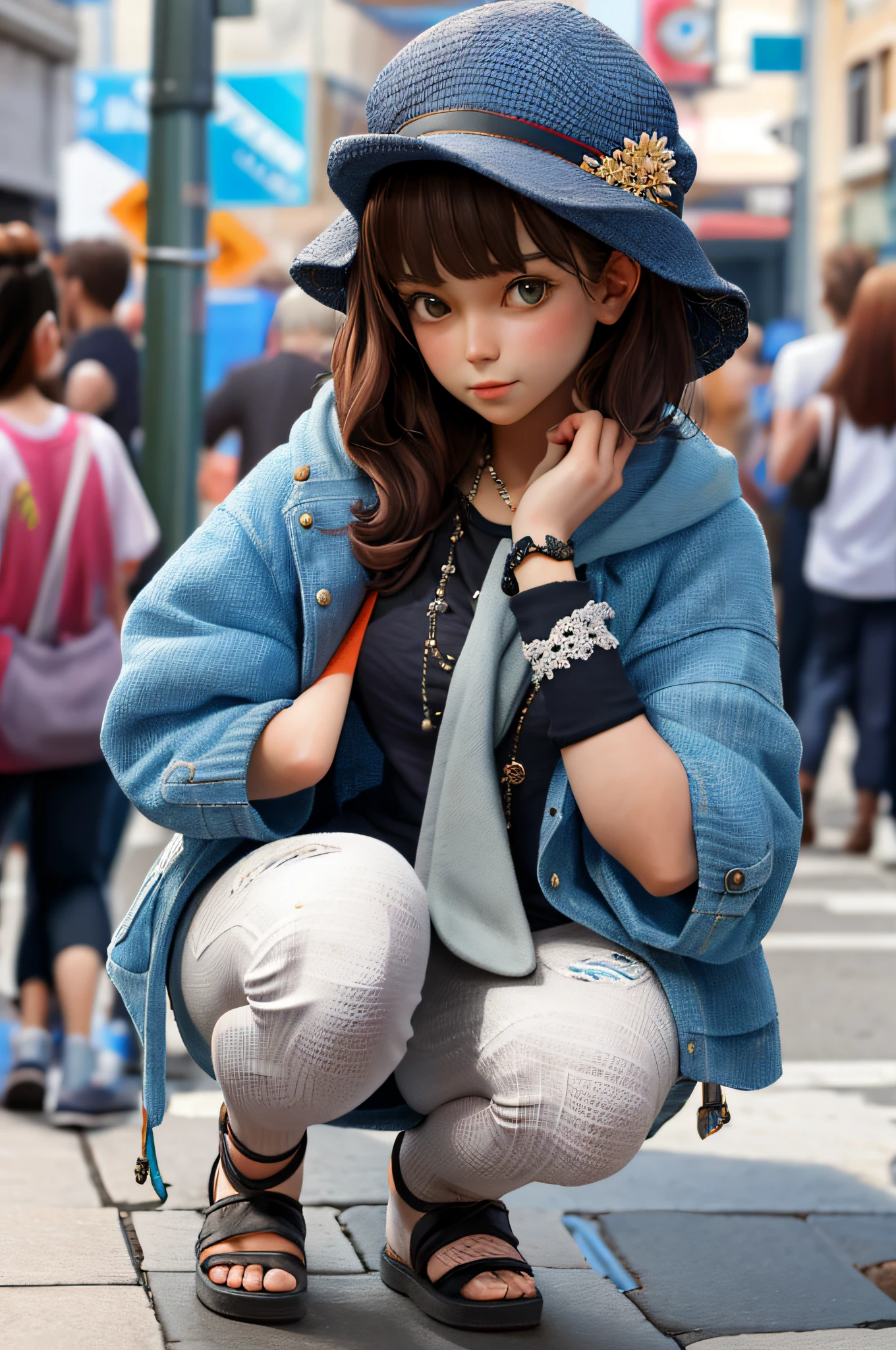 3d, 1girl, looking at the audience, street fashion, full body, squat, masterpiece, best quality, 8k, detailed skin texture, detailed cloth texture, beautiful detailed face, intricate details, super detailed, blush