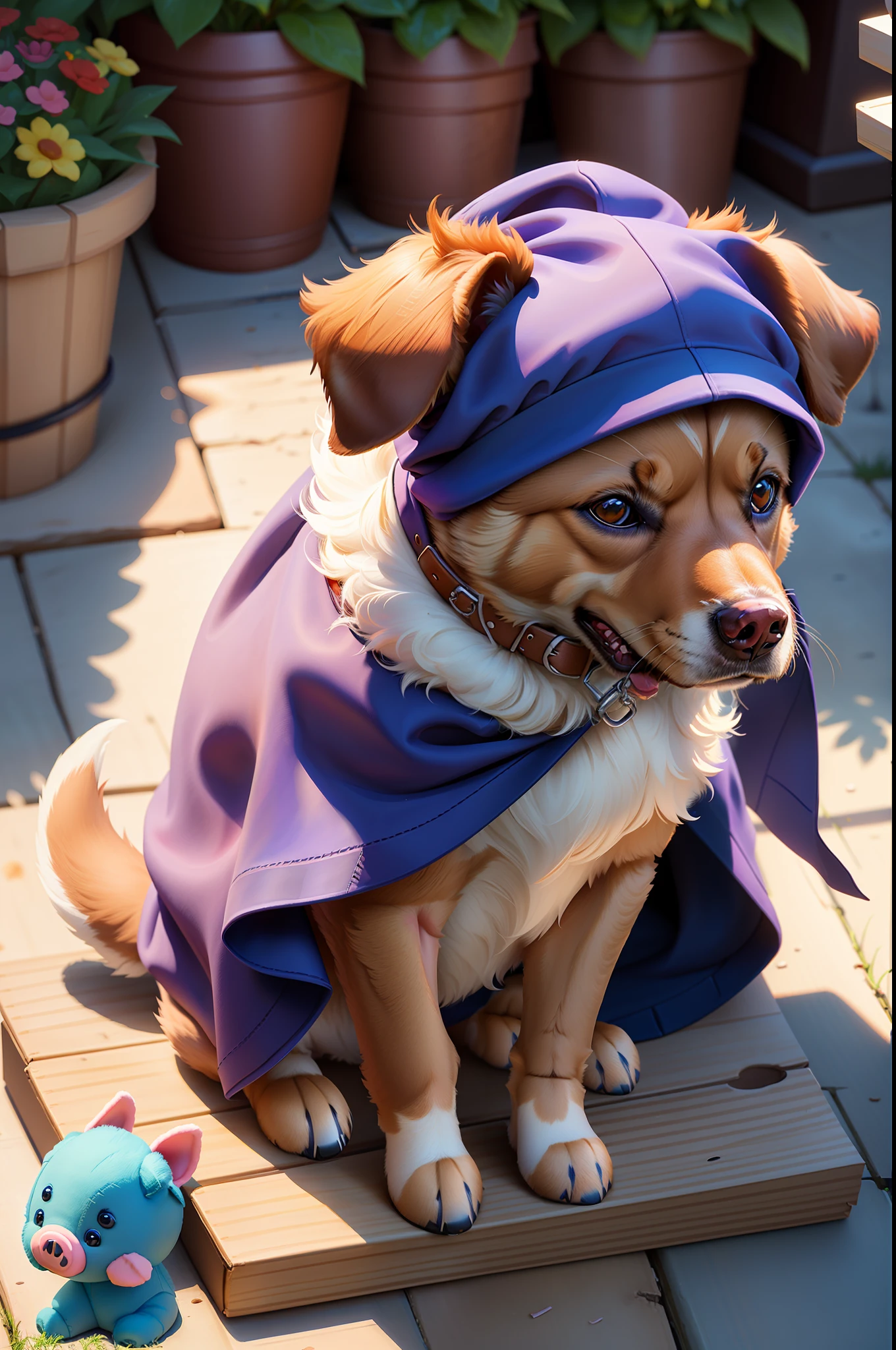 Super detailed, very detailed, masterpiece, highest quality, best quality, subsurface scattering, (1dog:1.5),(solo:1.4),(dog plush:1.1),(45-degree side view:1.2), fluffy, fluffy paws, a pair of pig ears, a pig's tail, big blue bird's eyes, cardboard box full of toys, a teddy bear outside the box, some toys scattered on the ground, game art, Disney, DreamWorks, animated films, realism, real light and shadow, rich colors, bright and light atmosphere,