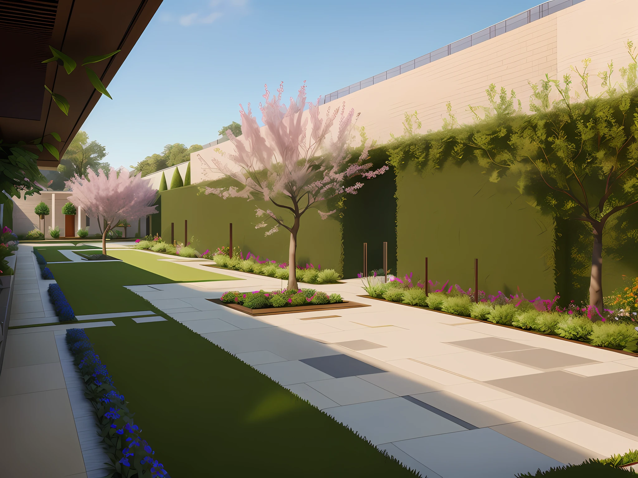 It's an excellent rendering, and you can see a small courtyard that is delicate. The courtyard walkway leads to the lawn and tall trees, making the whole courtyard look very cozy and comfortable. Fully detailed rendering, attention to detail and quality, every element is presented precisely. This will be an unforgettable rendering, suitable for any architectural visualization need.