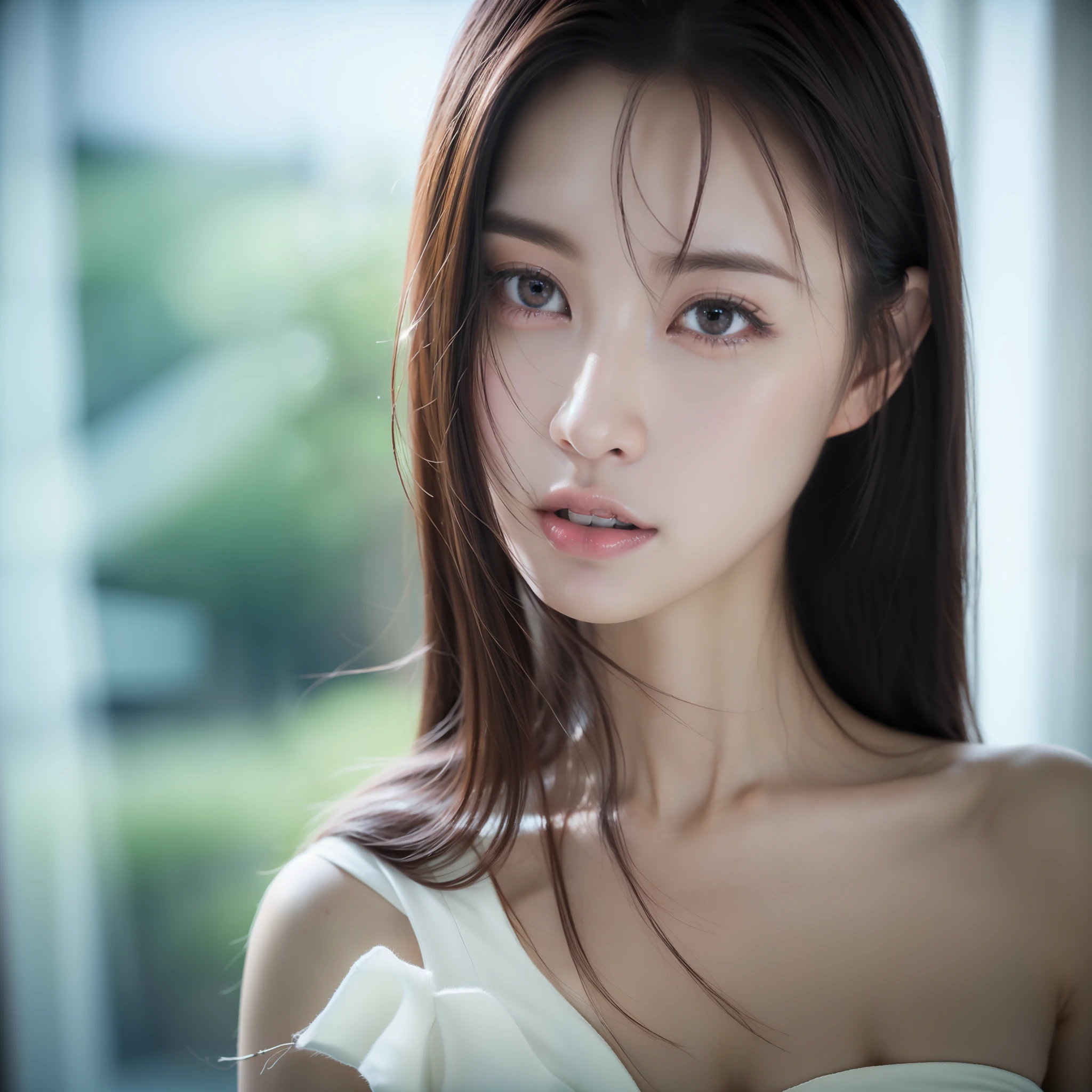 Close-up of a woman standing by the window, Japanese model, young sexy gravure idol, young beautiful gravure idol, realistic young gravure idol, realistic sexy gravure idol, young gravure idol, delicate gravure idol, Yoshitomo Nara, young skinny gravure idol, beautiful asian girl, (8k, RAW photo, best quality, mastery:1.2), (realistic, photo-realistic:1.37), ultra-detailed, (high detailed skin:1.2), 8k uhd, dslr, soft light, high quality, film grain, Fujifilm XT3, professional lighting, photon mapping, radiosity, detailed face and body, award winning photography, detailed face, hyper-realistic, ray tracing, intense gaze, looking at the audience, movie lights, RAW photos, 8k uhd