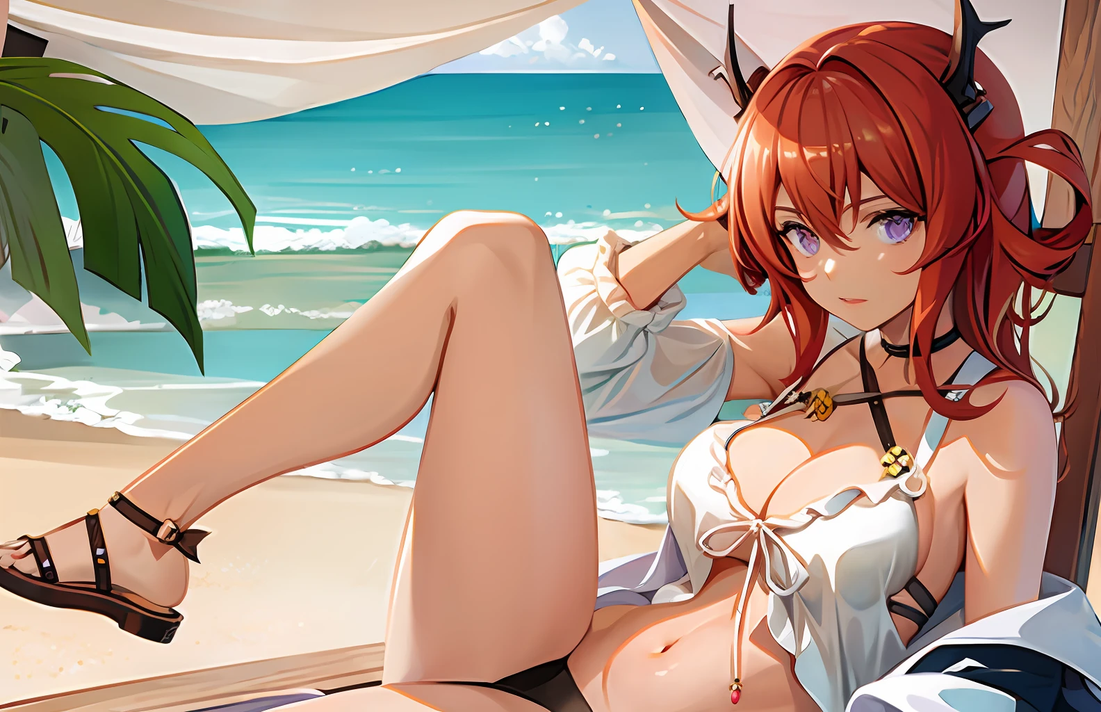 Anime girl sitting on beach in tight bikini