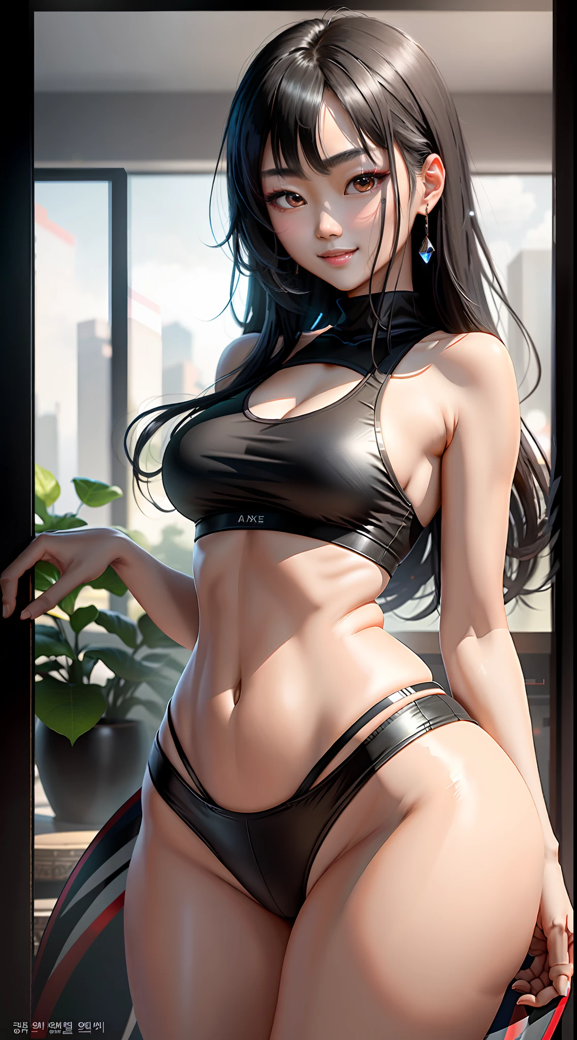 Masterpiece, maximum quality, ultra high resolution, 8k, Korean girl (extremely beautiful), black hair with lights, full body, very thin, detailed face, detailed eyes, mischievous smile, wide hips, thick thighs, smooth and soft pellet, wearing micro shorts and micro tank top