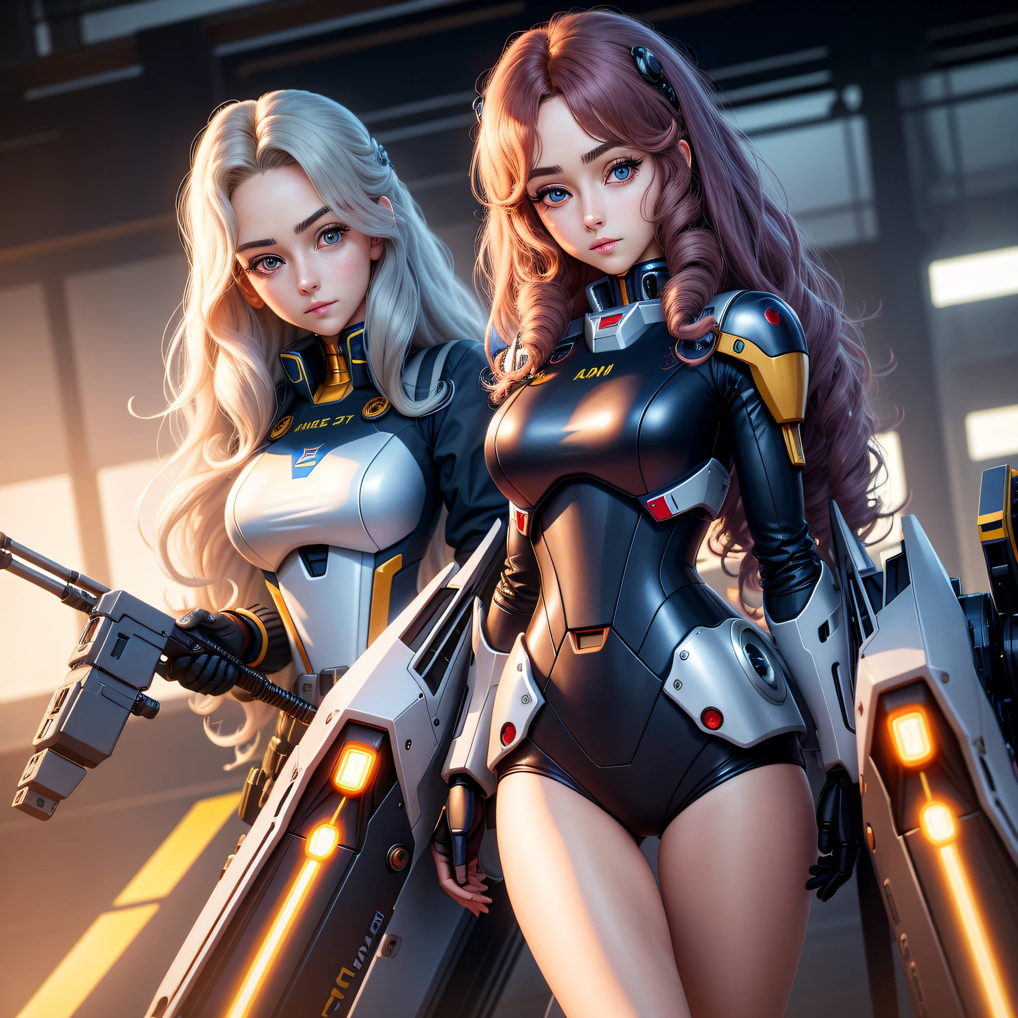 Fine face, big eyes, long eyelashes, high nose bridge, long curly hair, gradient hair color, eye detector, CG, 8K, mecha, surrealism, hangar, HDR, handheld weapon, perfect body, half human, half machine, gundam