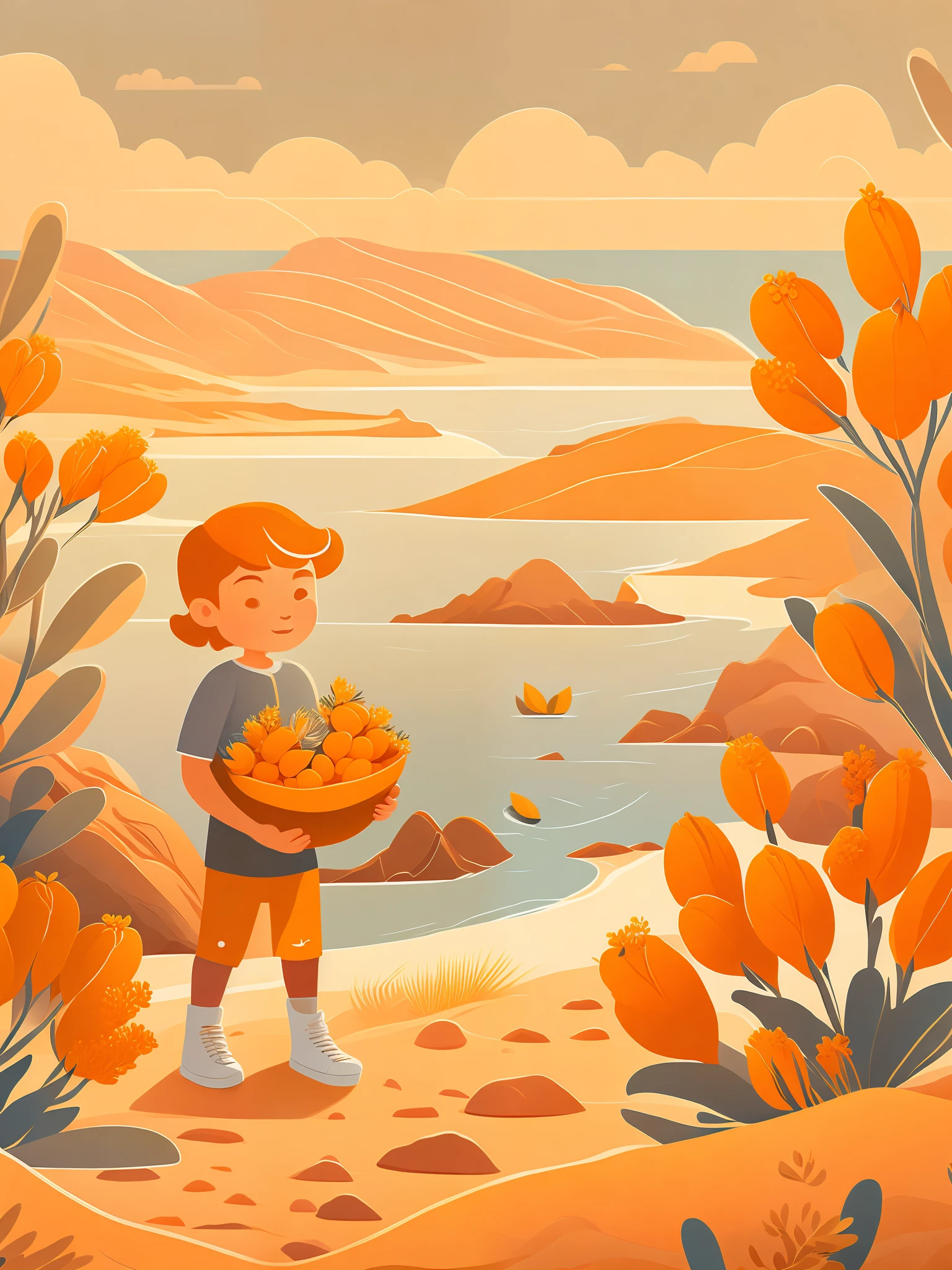Sea buckthorn poster, desert background, desert hills, flat illustration, front of a child holding sea buckthorn fruit, warm sunlight, perspective, chiaroscuro, warm color, bright background, flat illustration, sea buckthorn fruit poster, packaging design, rzminjourney, vector art