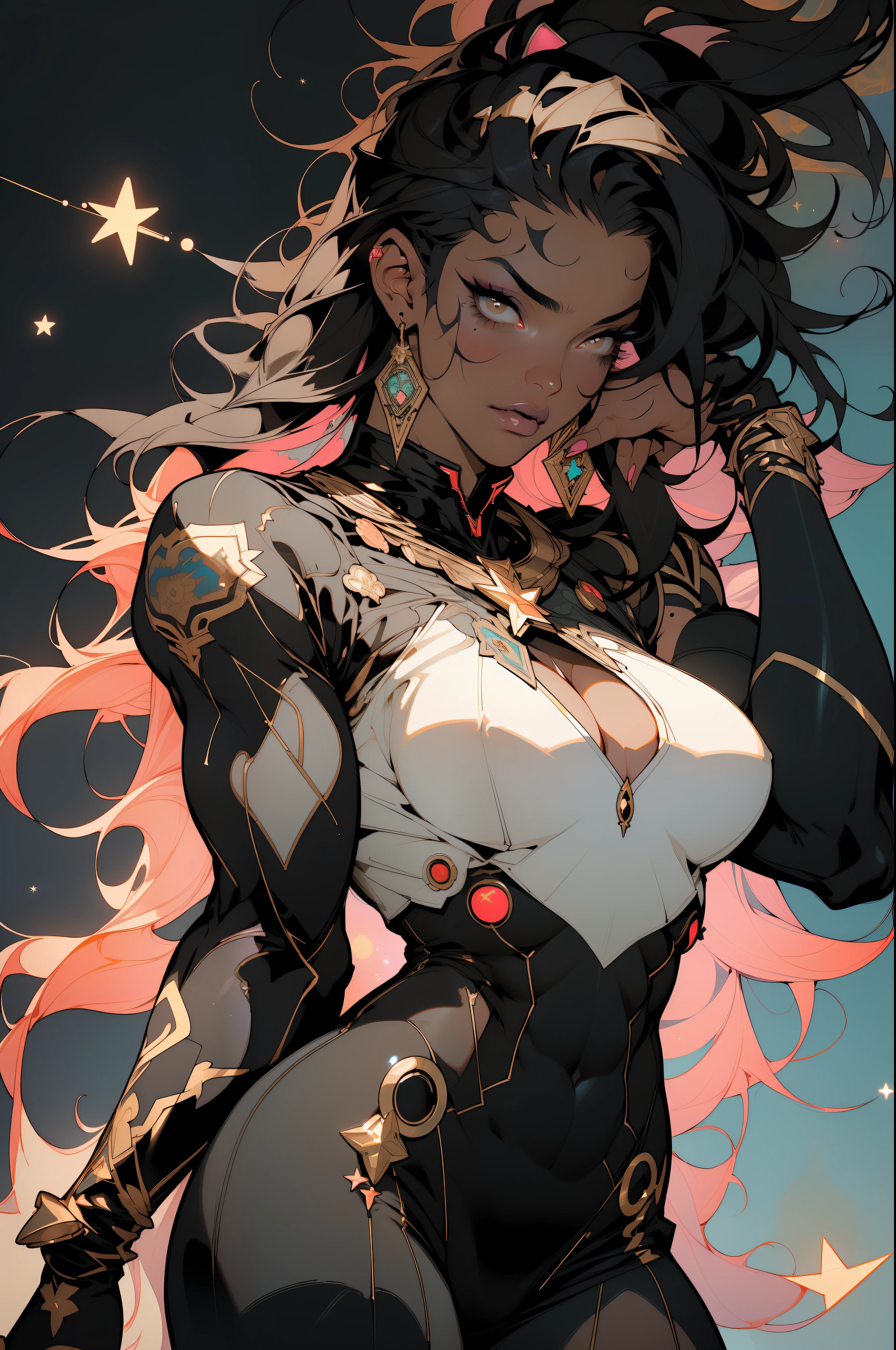 ((Best quality)), ((masterpiece)), (detailed: 1.4), (Absurd), muscular woman of 35 years, black kinetic skin with (((exposed black muscles)))), hot woman, sculptural body with defined muscles, closed mouth, muscular body covered by a micro thong, whole body covered by Genesis evangelion neon style clothing, (((large breasts)), (eyes with heavy and very black makeup), (((unkempt hair)), (stars covering the body), ((drawings of golden stars on the arms)), very long eyelashes, heavy eye makeup, lots of jewelry, by mucha, niji --V5, close to real, psychopath, crazy face, sexy pose, 2 piece clothes, pastel, centered, scale to fit the dimensions