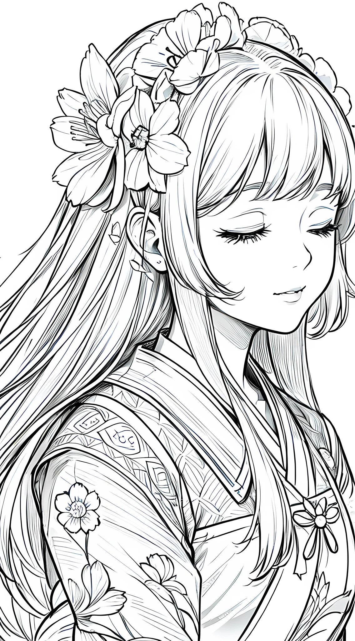 masterpiece, acura, doll, solo, hanfu, long hair, eyes closed, bust closeup, daffodil line drawing background, white background, monochrome, line drawing, ((sketch))