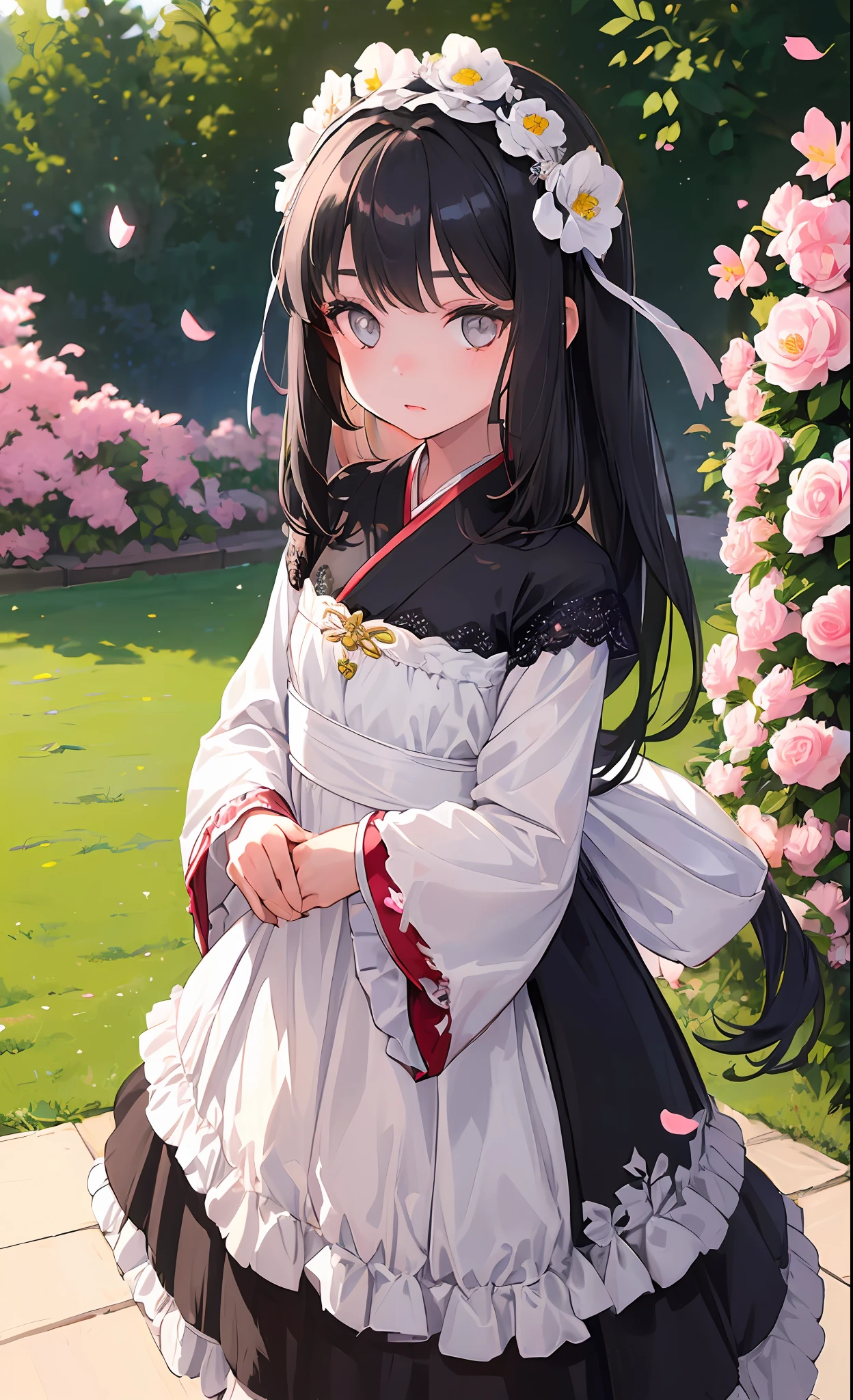 ( girl:1.5),lace,ribbon,hanfu,(masterpiece, sidelighting, finely detailed beautiful gray eyes: 1.2), masterpiece, realistic, glowing eyes,shiny hair,black hair,long long hair, lustrous skin, solo, embarassed,Strapless,exquisite,beautifly,garden,flowers,flying petals,